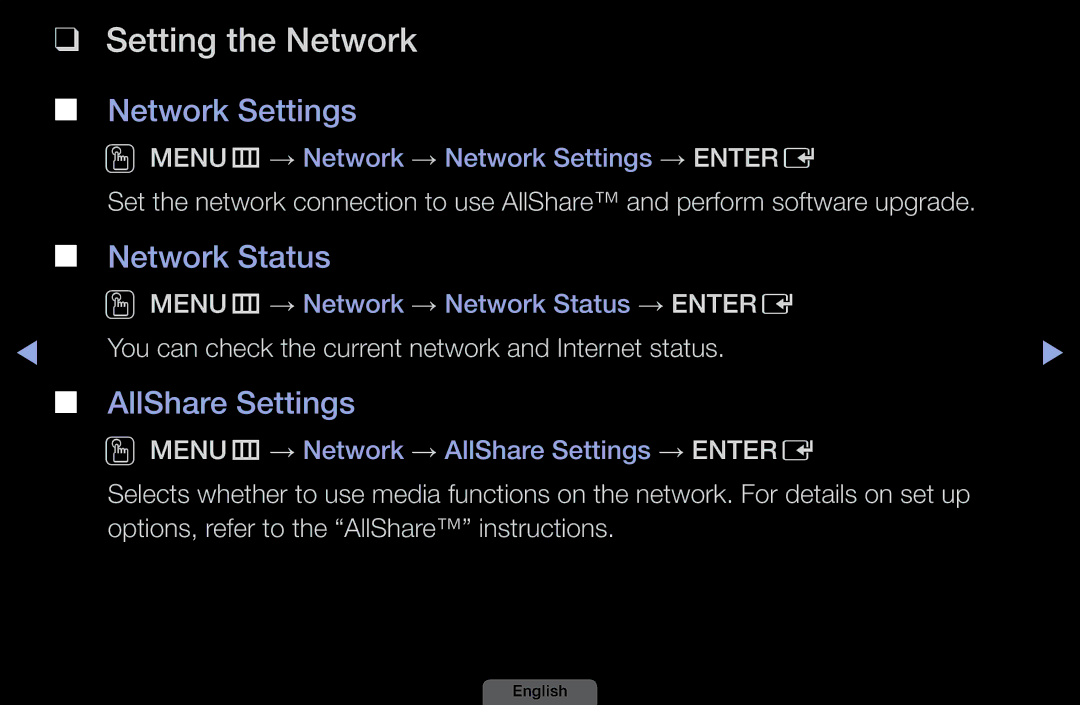 Samsung LH46HEPLGD/EN, LH40HEPLGD/EN manual Setting the Network, Network Settings, Network Status, AllShare Settings 