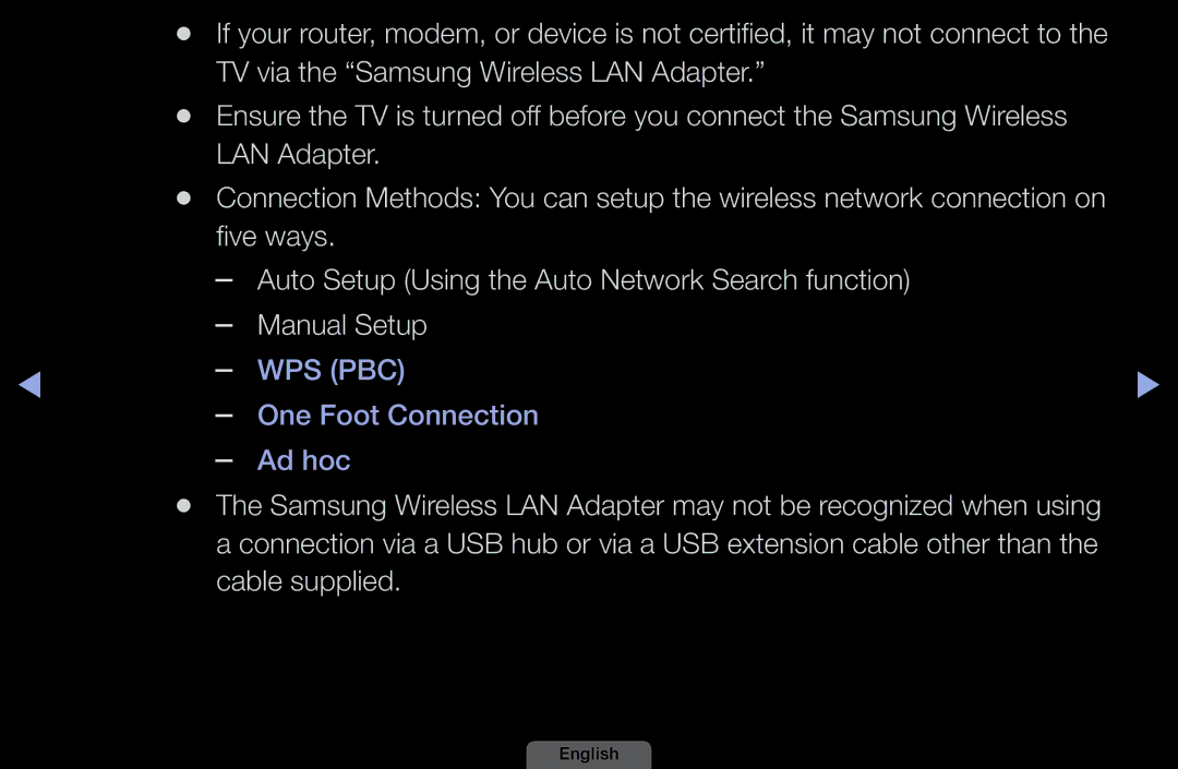 Samsung LH46HEPLGD/EN, LH40HEPLGD/EN manual TV via the Samsung Wireless LAN Adapter, Five ways, Manual Setup, Cable supplied 