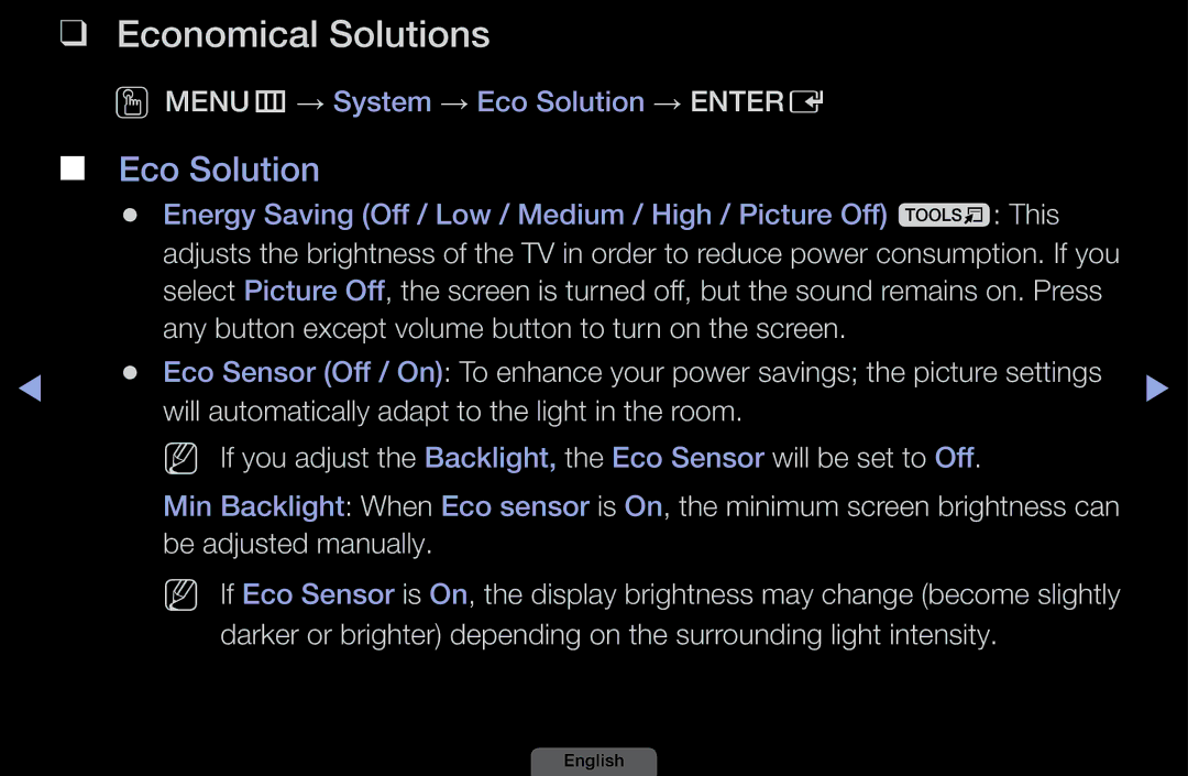 Samsung LH40HEPLGD/EN, LH46HEPLGD/EN Economical Solutions, Eco Solution, Be adjusted manually 