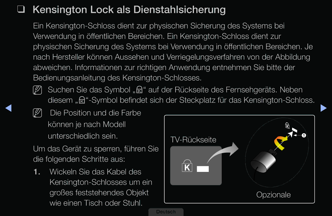 Samsung LH46HEPLGD/EN, LH40HEPLGD/EN manual Kensington Lock als Dienstahlsicherung 