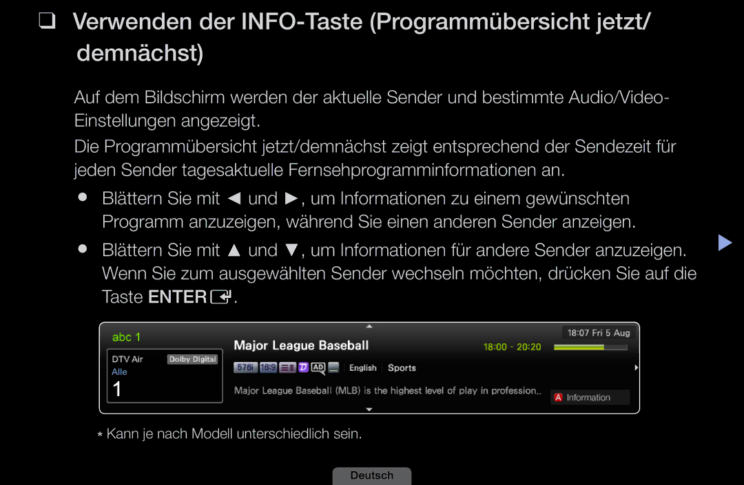 Samsung LH46HEPLGD/EN, LH40HEPLGD/EN manual Verwenden der INFO-Taste Programmübersicht jetzt/ demnächst 