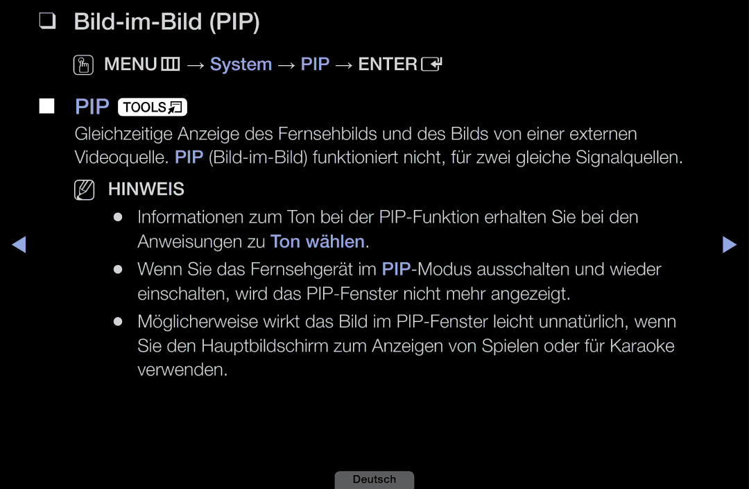 Samsung LH40HEPLGD/EN, LH46HEPLGD/EN manual Bild-im-Bild PIP, PIP t, OOMENUm → System → PIP → Entere 