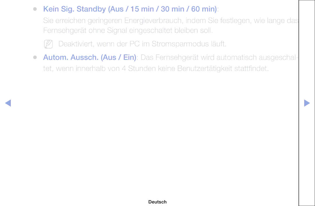 Samsung LH46HEPLGD/EN, LH40HEPLGD/EN manual Kein Sig. Standby Aus / 15 min / 30 min / 60 min 