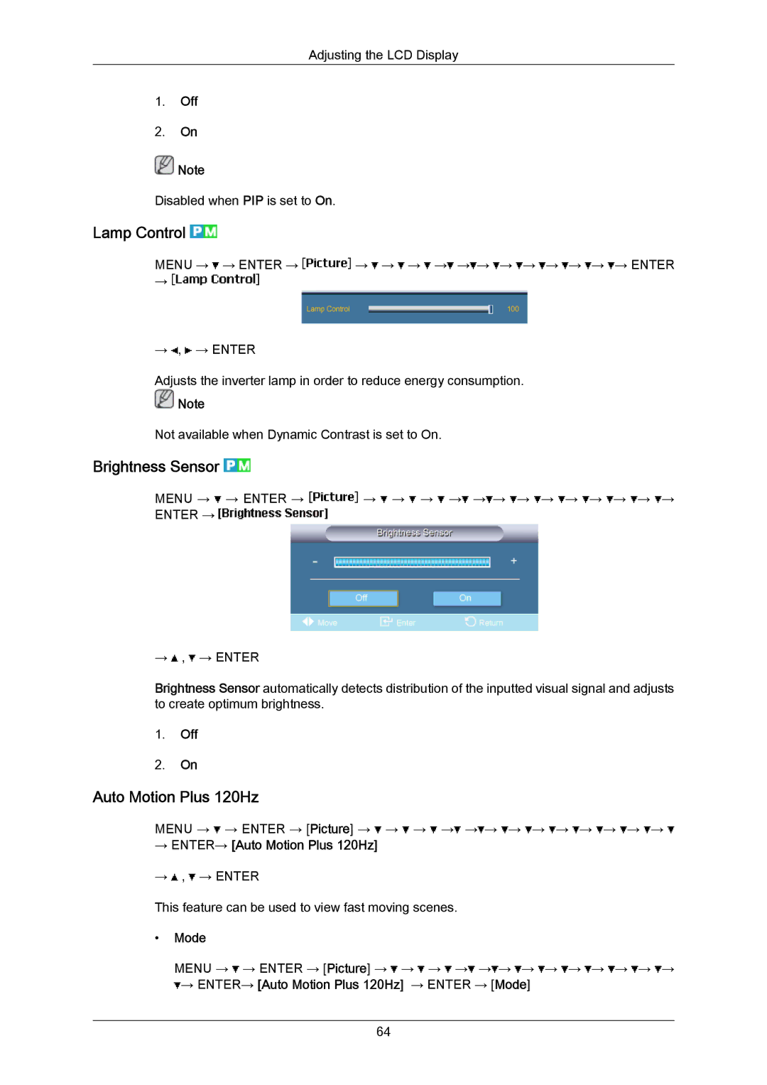 Samsung LH46LBPLBC/ZA, LH40LBTLBC/EN manual Lamp Control, Brightness Sensor, → ENTER→ Auto Motion Plus 120Hz, Mode 