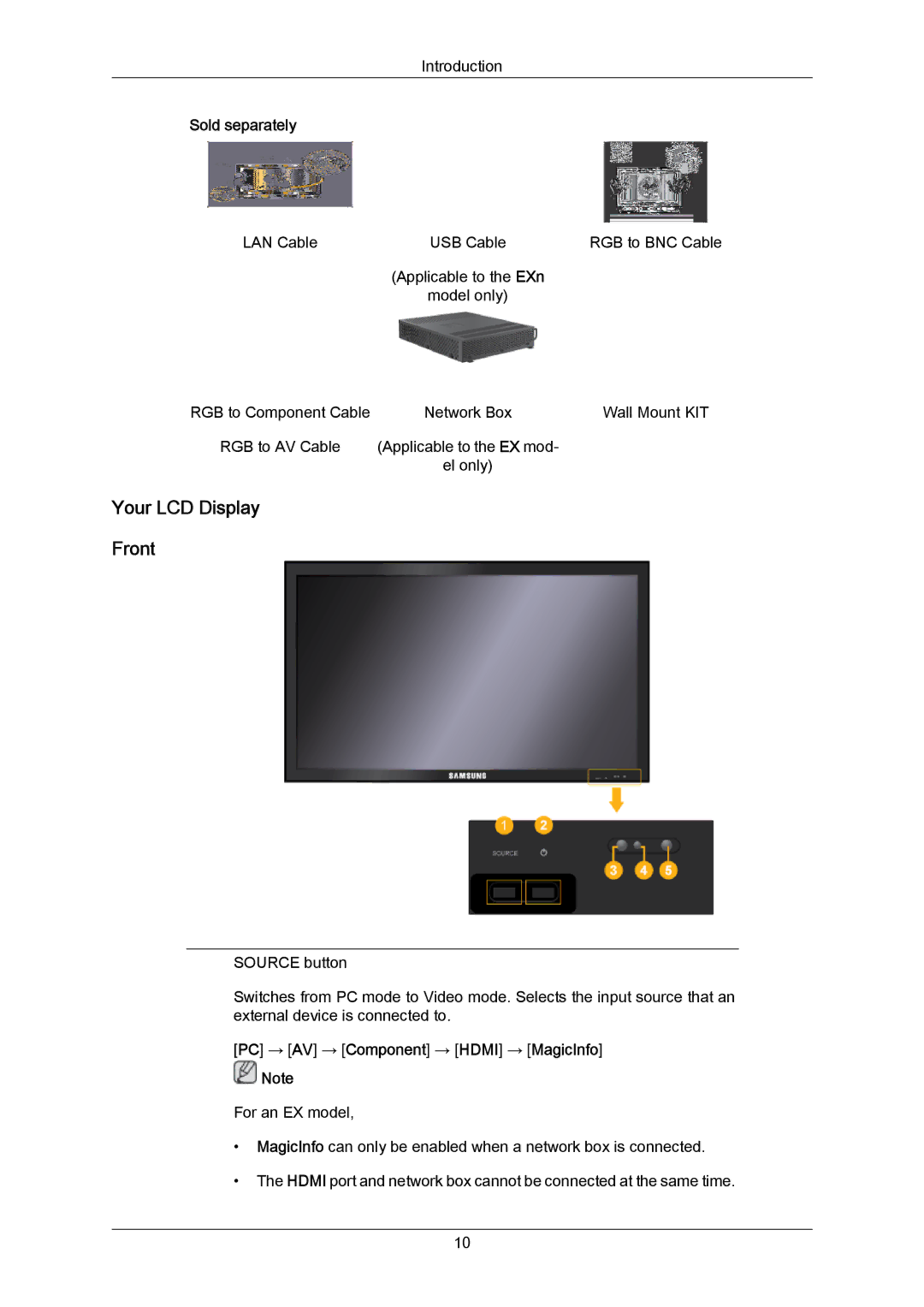 Samsung LH46LBPLBC/XJ, LH40LBTLBC/EN manual Your LCD Display Front, Sold separately, PC → AV → Component → Hdmi → MagicInfo 