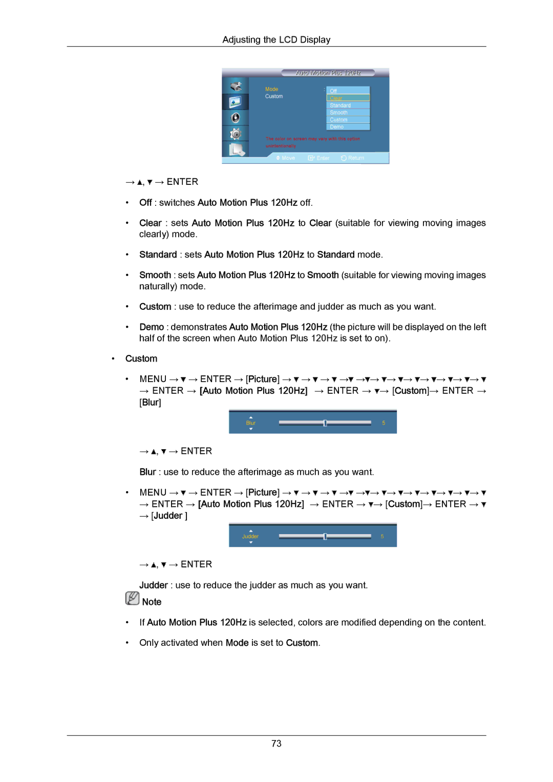 Samsung LH46LBSLBC/XJ, LH40LBTLBC/EN, LH40LBPLBC/EN, LH55LBTLBC/EN, LH55LBPLBC/EN Off switches Auto Motion Plus 120Hz off 