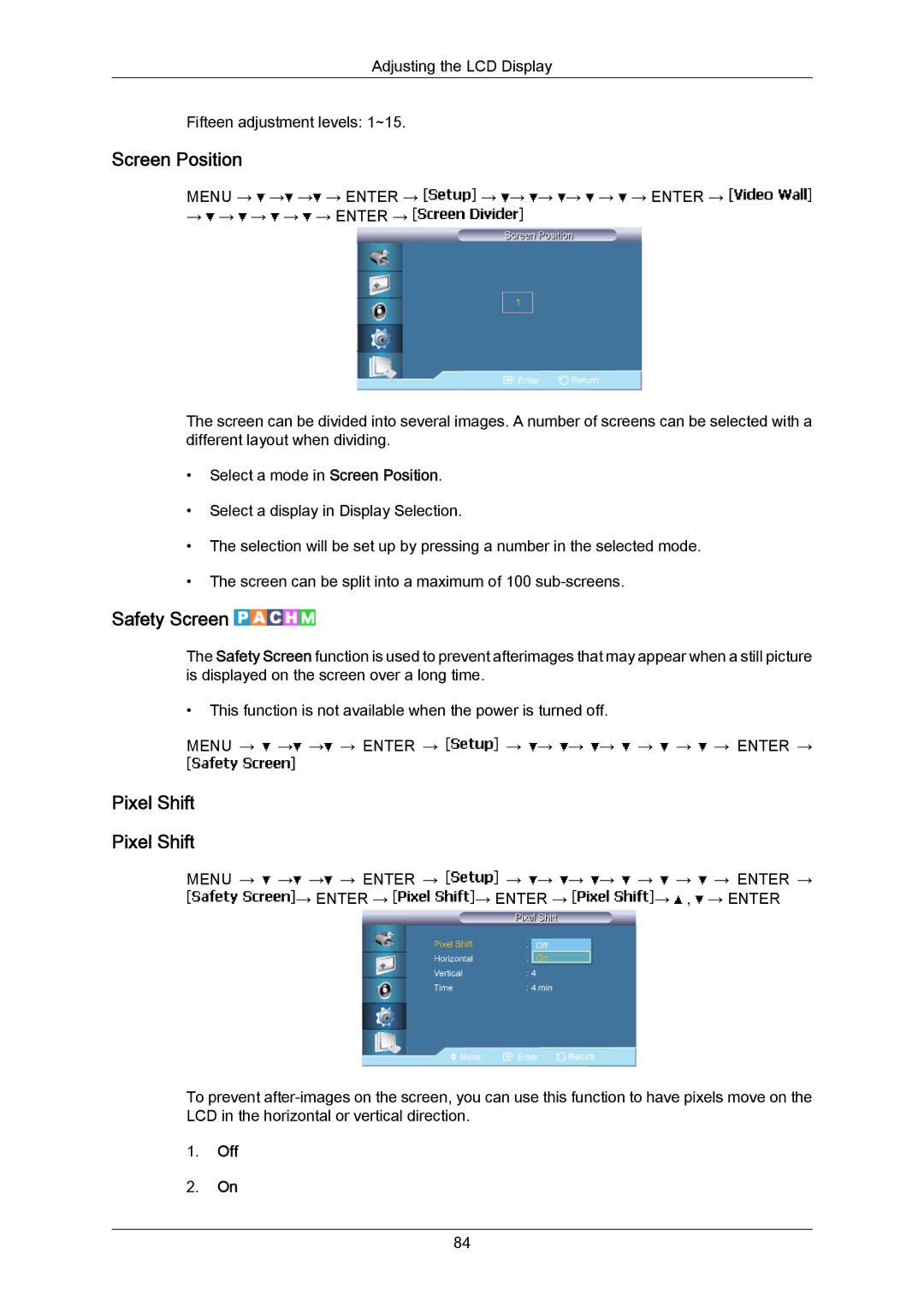 Samsung LH55LBPLBC/ZA, LH40LBTLBC/EN, LH40LBPLBC/EN, LH55LBTLBC/EN, LH55LBPLBC/EN Screen Position, Safety Screen, Pixel Shift 