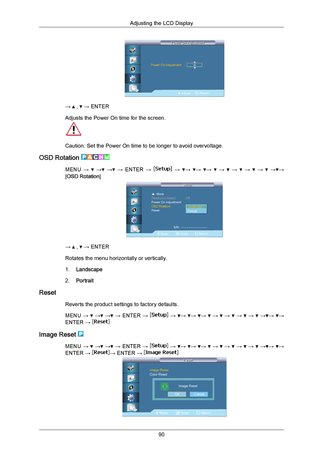 Samsung LH40LBPLBC/XY, LH40LBTLBC/EN, LH40LBPLBC/EN, LH55LBTLBC/EN manual OSD Rotation, Image Reset, Landscape Portrait 