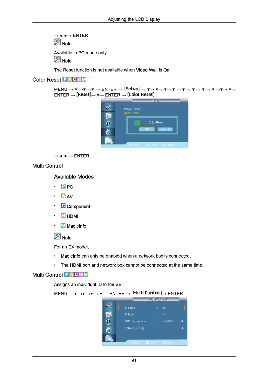 Samsung LH46LBPLBC/ZA, LH40LBTLBC/EN, LH40LBPLBC/EN, LH55LBTLBC/EN, LH55LBPLBC/EN Color Reset, Multi Control Available Modes 