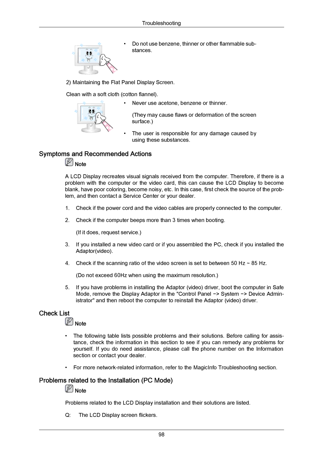 Samsung LH55LBTLBC/XJ manual Symptoms and Recommended Actions, Check List, Problems related to the Installation PC Mode 