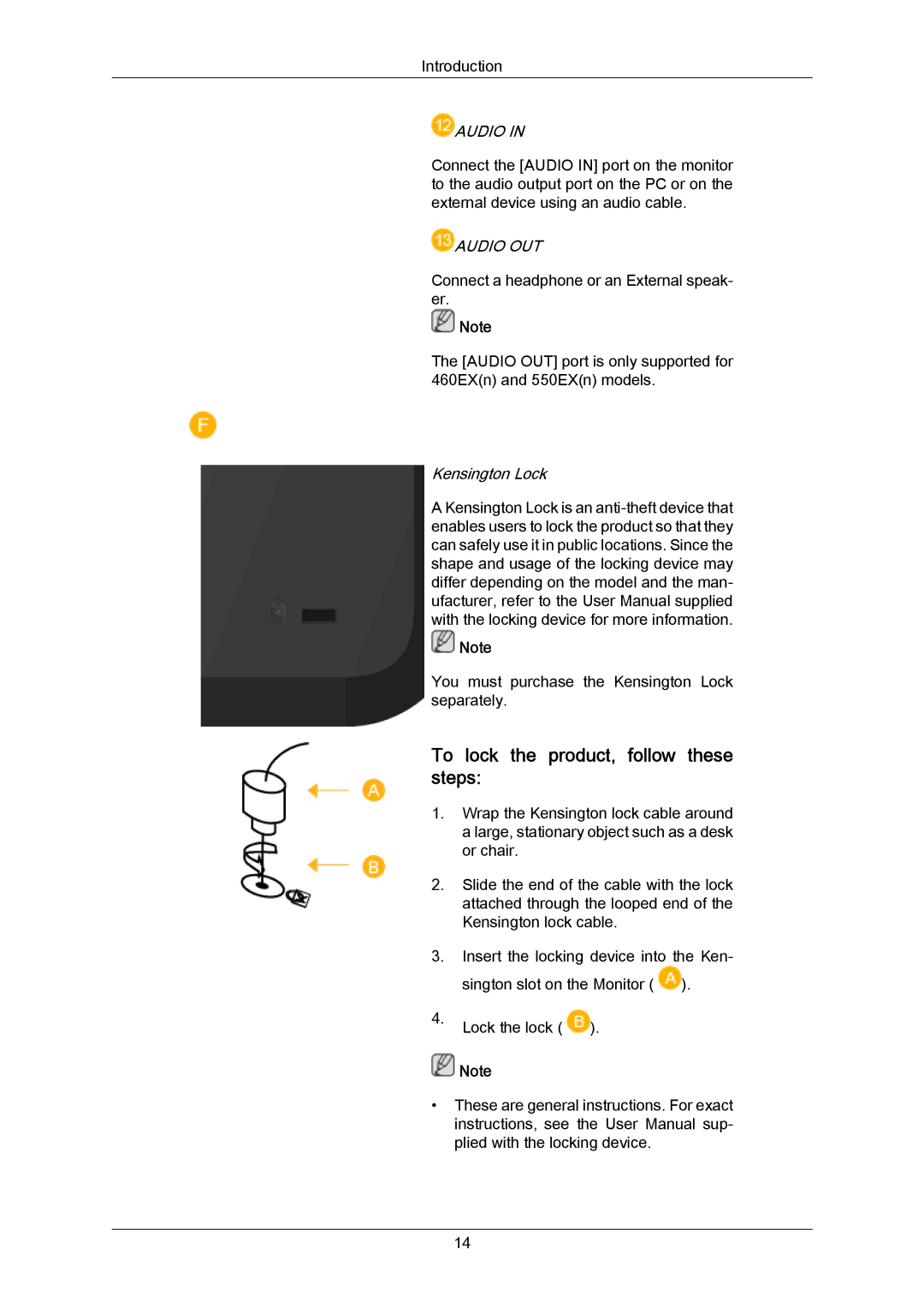 Samsung LH40LBPLBC/ZA, LH40LBTLBC/EN, LH40LBPLBC/EN, LH55LBTLBC/EN manual To lock the product, follow these steps, Audio 