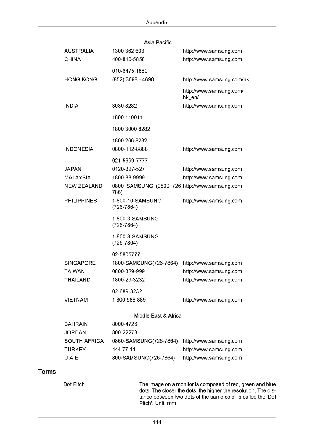 Samsung LH55LBPLBC/XY, LH40LBTLBC/EN, LH40LBPLBC/EN, LH55LBTLBC/EN, LH55LBPLBC/EN Terms, Asia Pacific, Middle East & Africa 