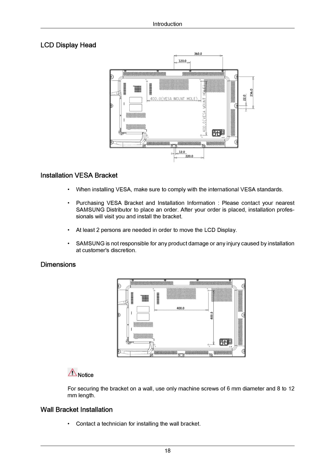 Samsung LH55LBPLBC/ZA, LH40LBTLBC/EN LCD Display Head Installation Vesa Bracket, Dimensions, Wall Bracket Installation 