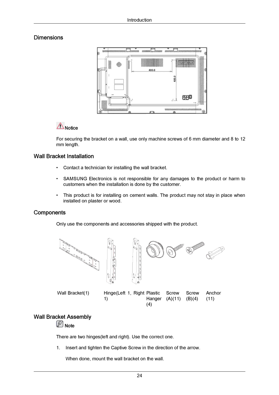 Samsung LH40LBPLBC/XY, LH40LBTLBC/EN, LH40LBPLBC/EN, LH55LBTLBC/EN, LH55LBPLBC/EN, LH46LBTLBC/EN, LH46LBPLBC/EN manual Dimensions 