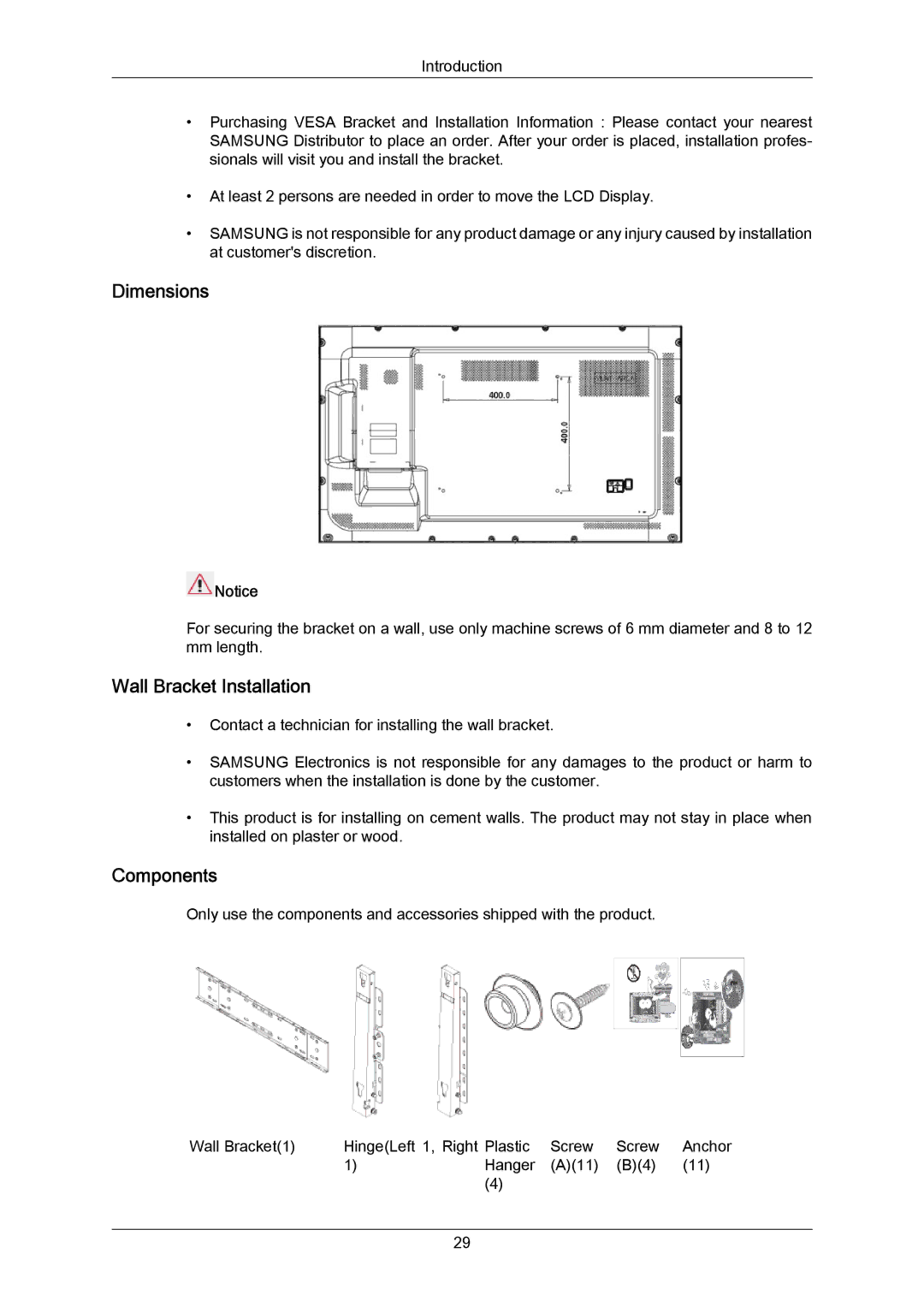 Samsung LH55LBPLBC/EN, LH40LBTLBC/EN, LH40LBPLBC/EN, LH55LBTLBC/EN, LH46LBTLBC/EN, LH46LBPLBC/EN, LH55LBTLBC/XJ manual Dimensions 