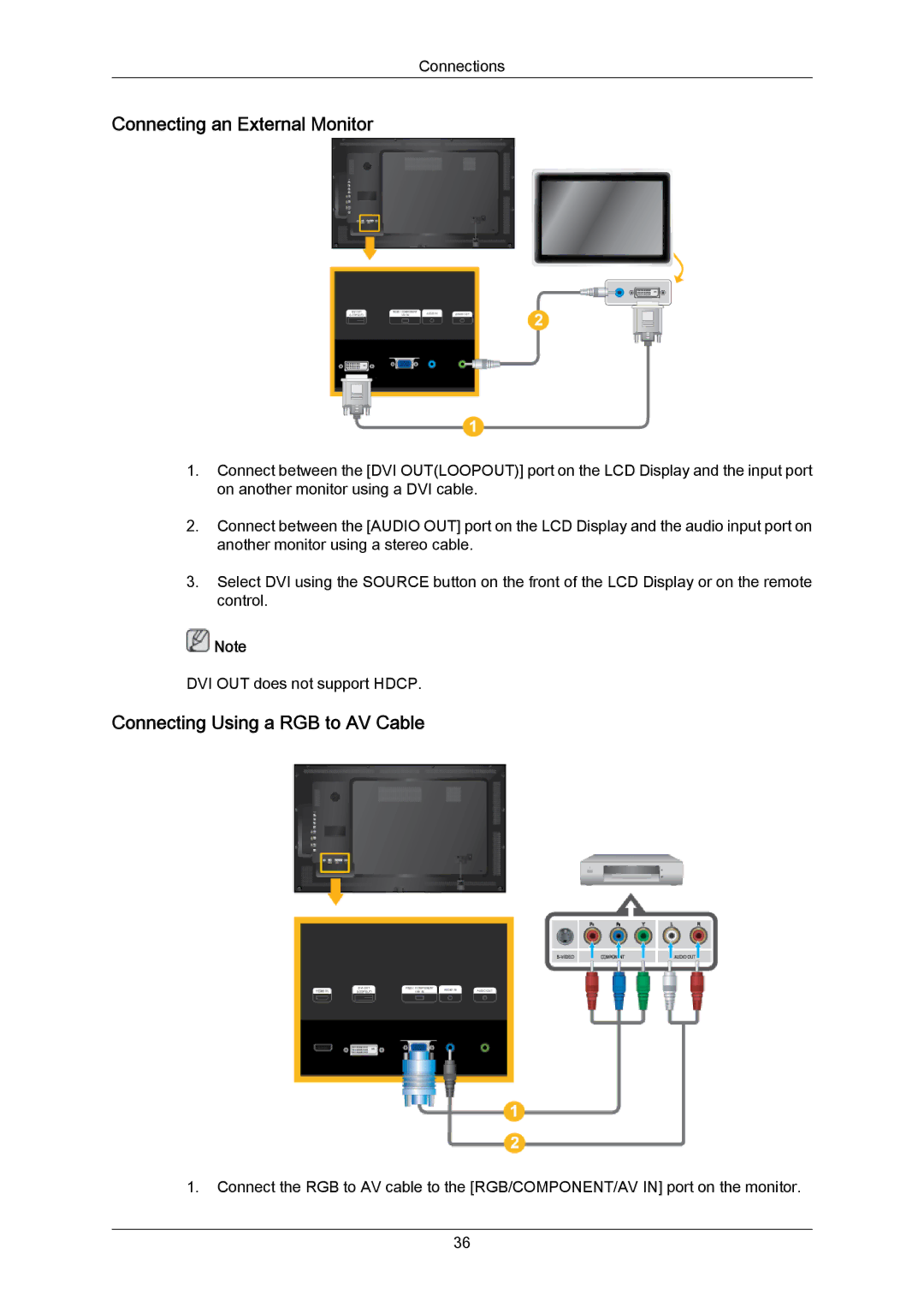 Samsung LH55LBPLBC/XJ, LH40LBTLBC/EN, LH40LBPLBC/EN manual Connecting an External Monitor, Connecting Using a RGB to AV Cable 