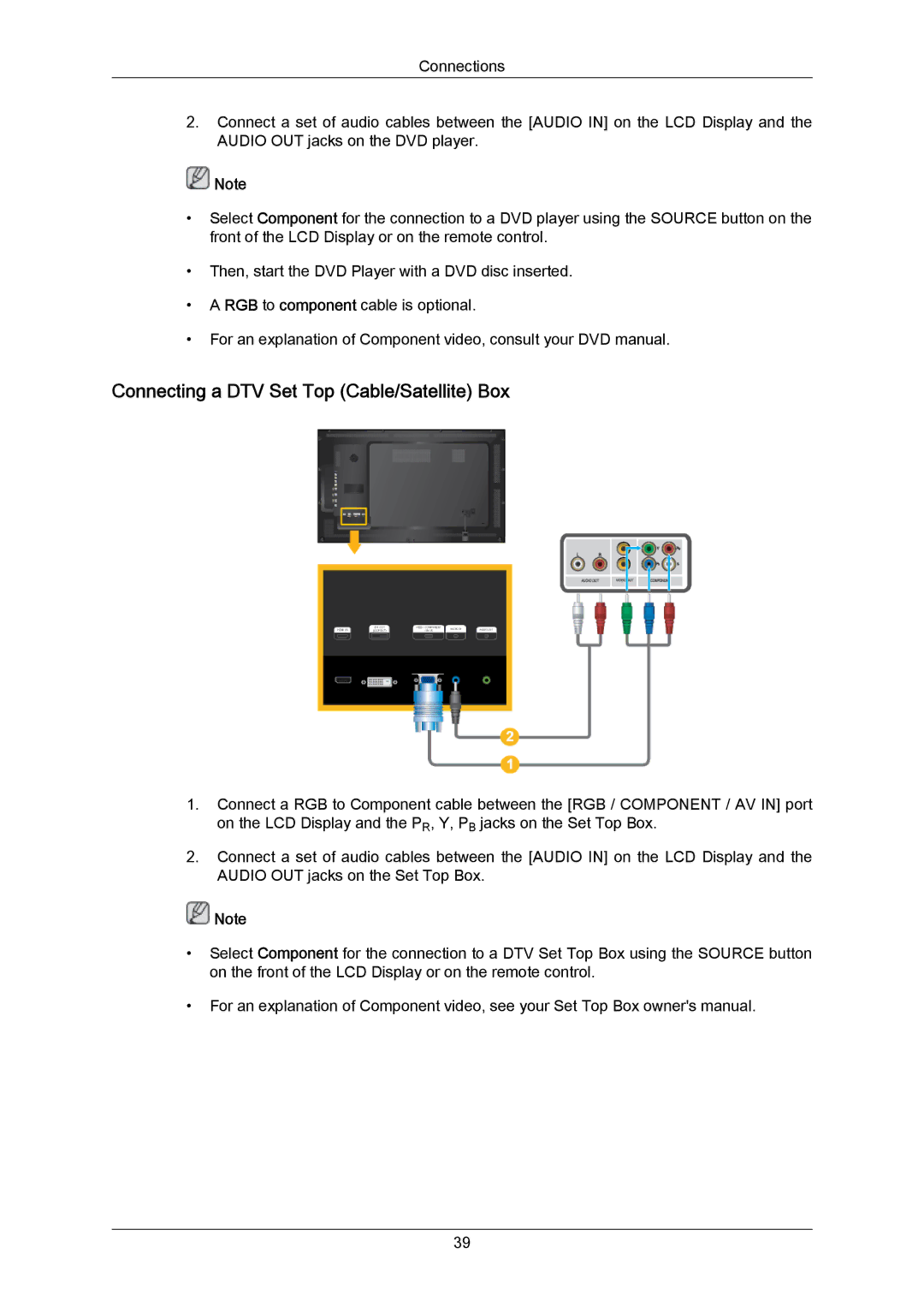 Samsung LH46LBTLBC/ZA, LH40LBTLBC/EN, LH40LBPLBC/EN, LH55LBTLBC/EN manual Connecting a DTV Set Top Cable/Satellite Box 