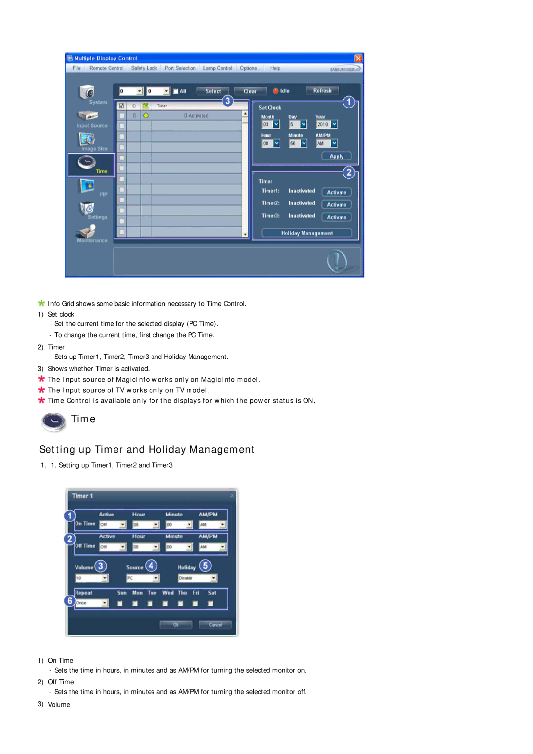 Samsung LH46LBTLBC/XJ, LH40LBTLBC/EN, LH40LBPLBC/EN, LH55LBTLBC/EN manual Time Setting up Timer and Holiday Management 