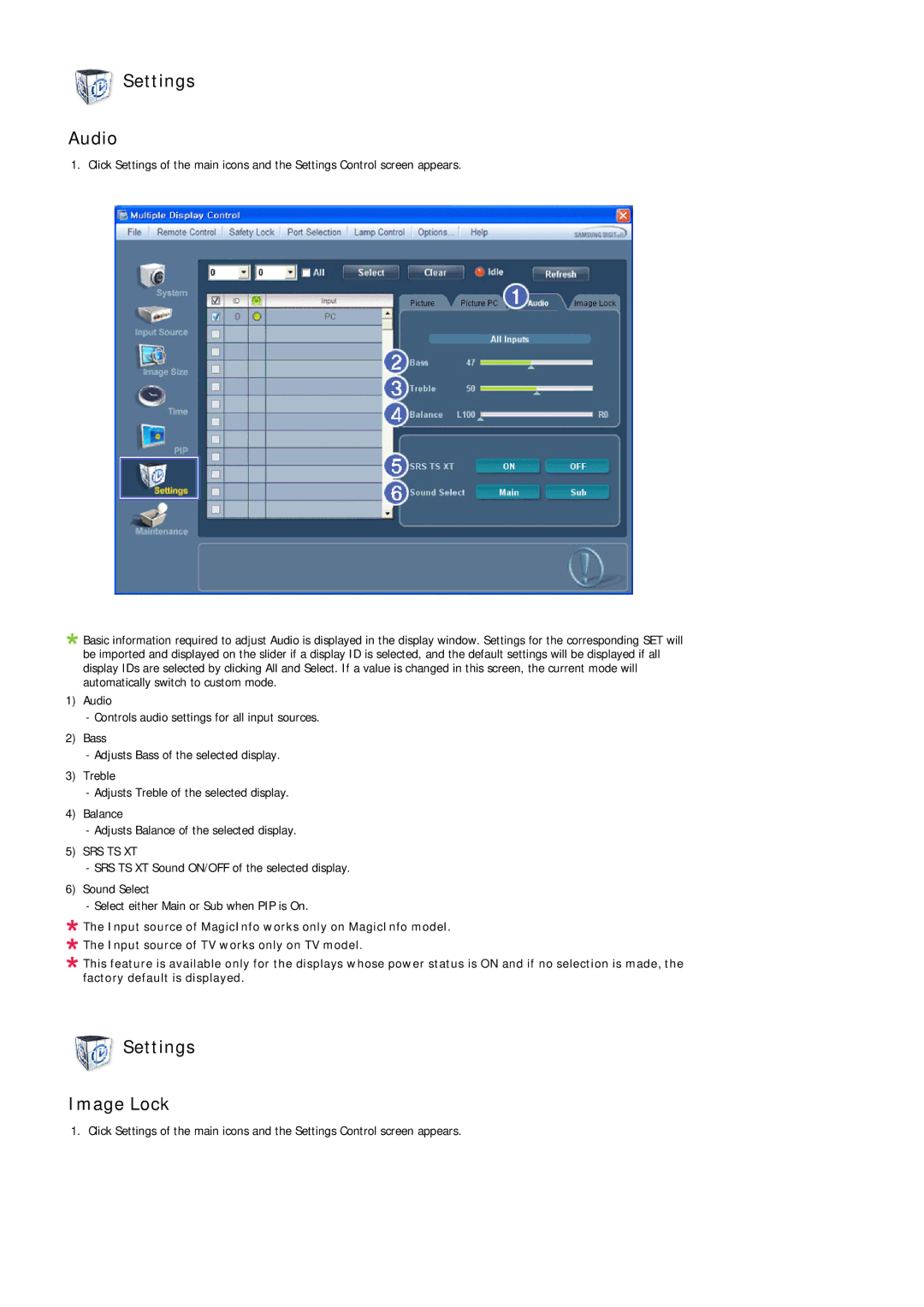 Samsung LH46LBTLBC/ZA, LH40LBTLBC/EN, LH40LBPLBC/EN, LH55LBTLBC/EN, LH55LBPLBC/EN manual Settings Audio, Settings Image Lock 