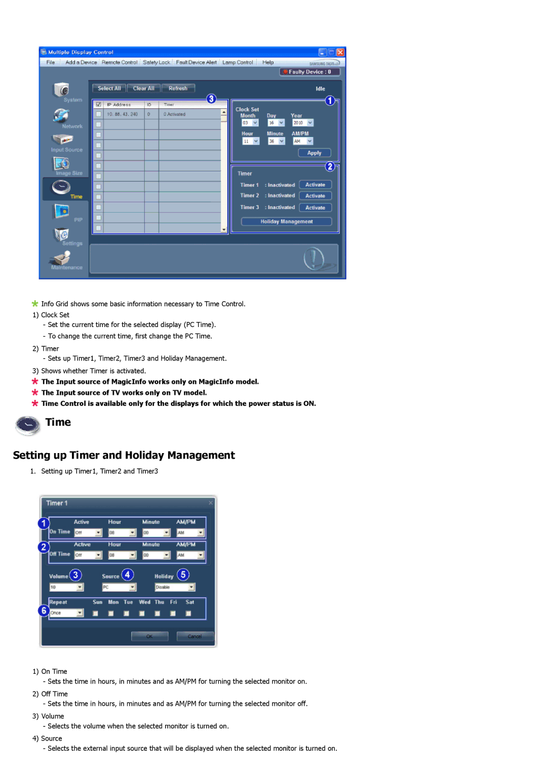 Samsung LH40LBPLBC/EN, LH40LBTLBC/EN, LH55LBTLBC/EN, LH55LBPLBC/EN manual Time Setting up Timer and Holiday Management 