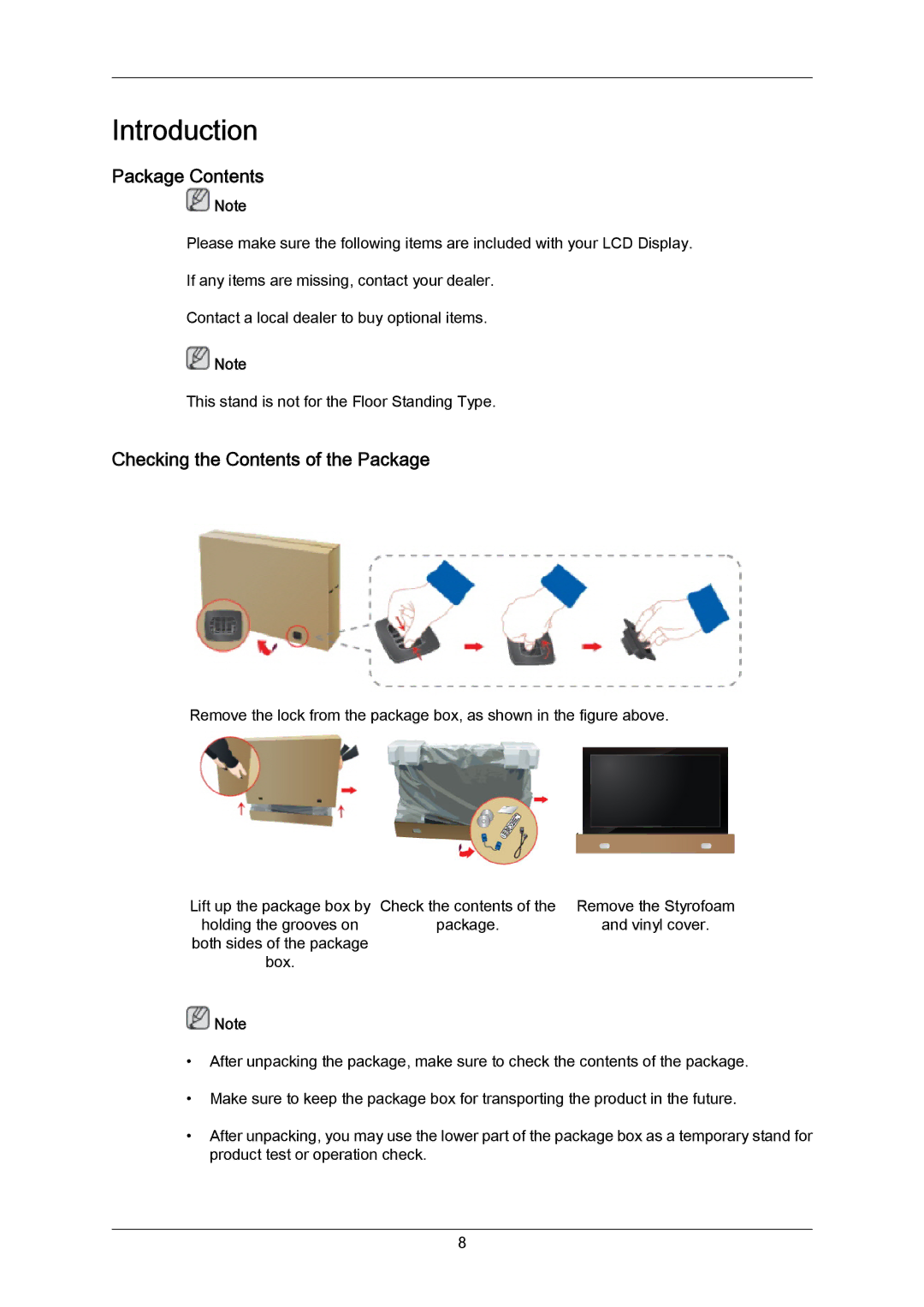 Samsung LH40LBTLBC/XJ, LH40LBTLBC/EN, LH40LBPLBC/EN, LH55LBTLBC/EN Package Contents, Checking the Contents of the Package 