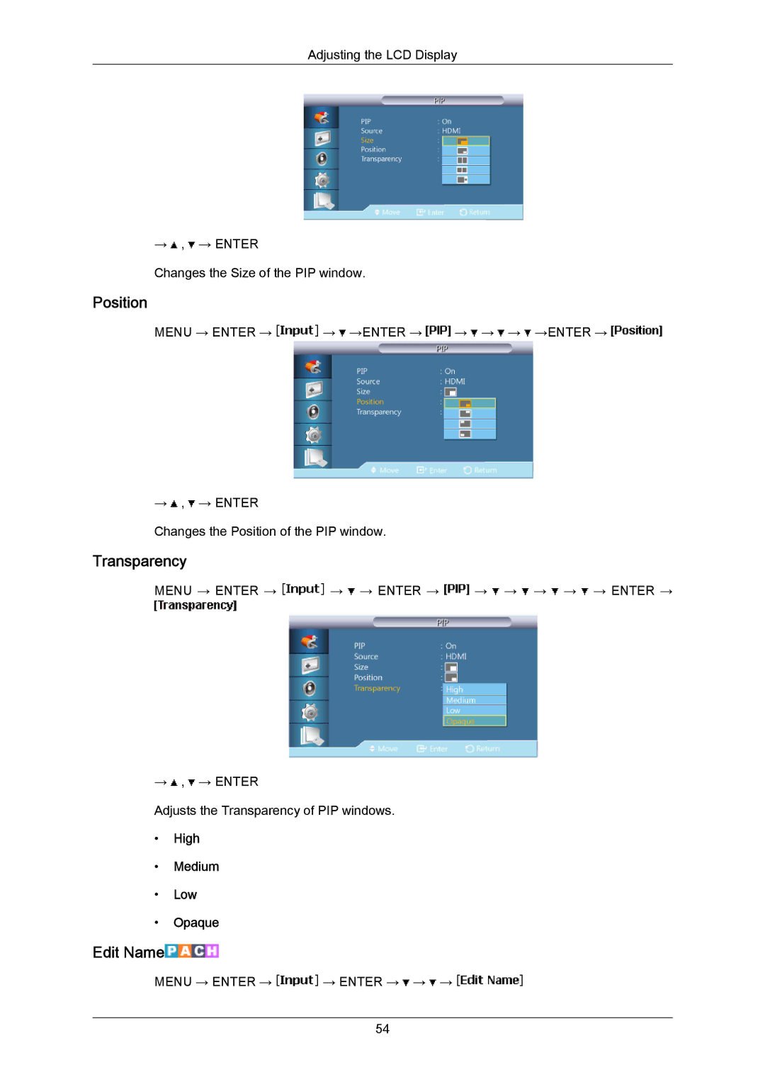 Samsung LH46LBTLBC/XY, LH40LBTLBC/EN, LH40LBPLBC/EN, LH55LBTLBC/EN Position, Transparency, Edit Name, High Medium Low Opaque 