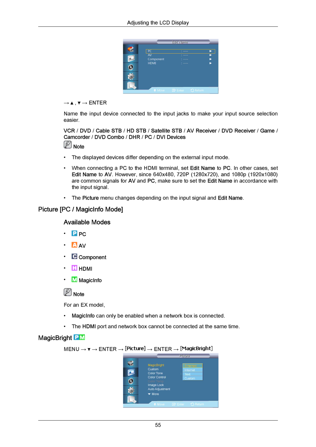 Samsung LH46LBPLBC/XY, LH40LBTLBC/EN, LH40LBPLBC/EN, LH55LBTLBC/EN Picture PC / MagicInfo Mode Available Modes, MagicBright 