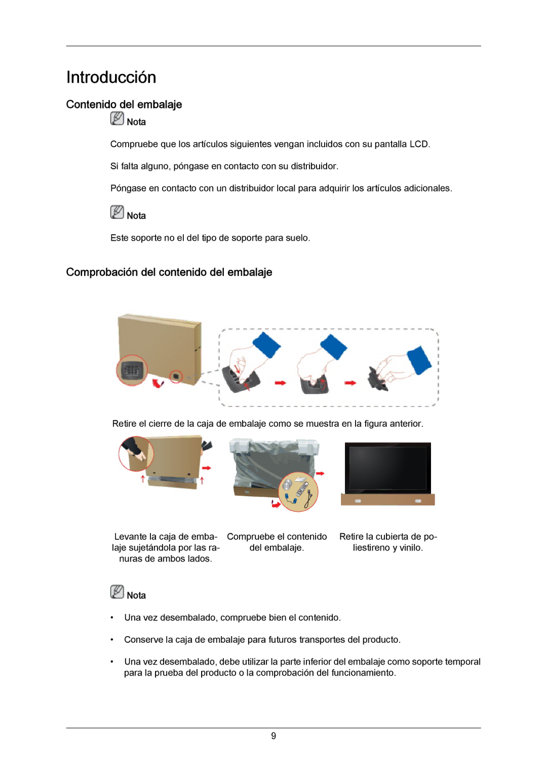 Samsung LH55LBTLBC/EN, LH40LBTLBC/EN, LH40LBPLBC/EN manual Contenido del embalaje, Comprobación del contenido del embalaje 