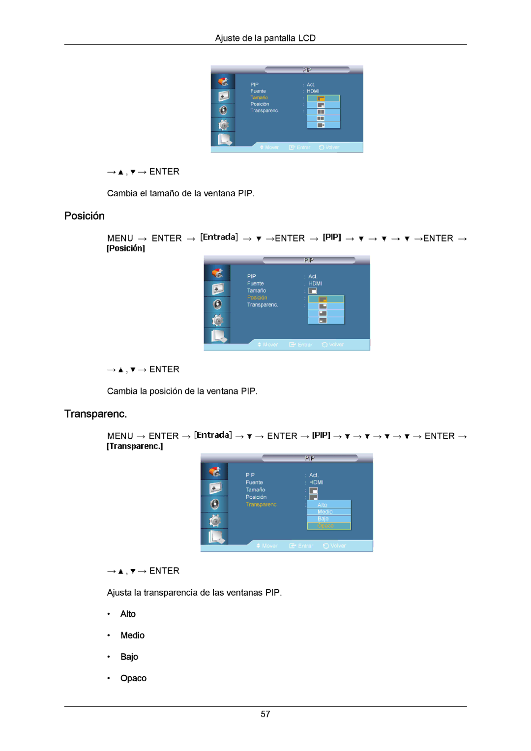 Samsung LH46LBPLBC/EN, LH40LBTLBC/EN, LH40LBPLBC/EN, LH55LBTLBC/EN manual Posición, Transparenc, Alto Medio Bajo Opaco 