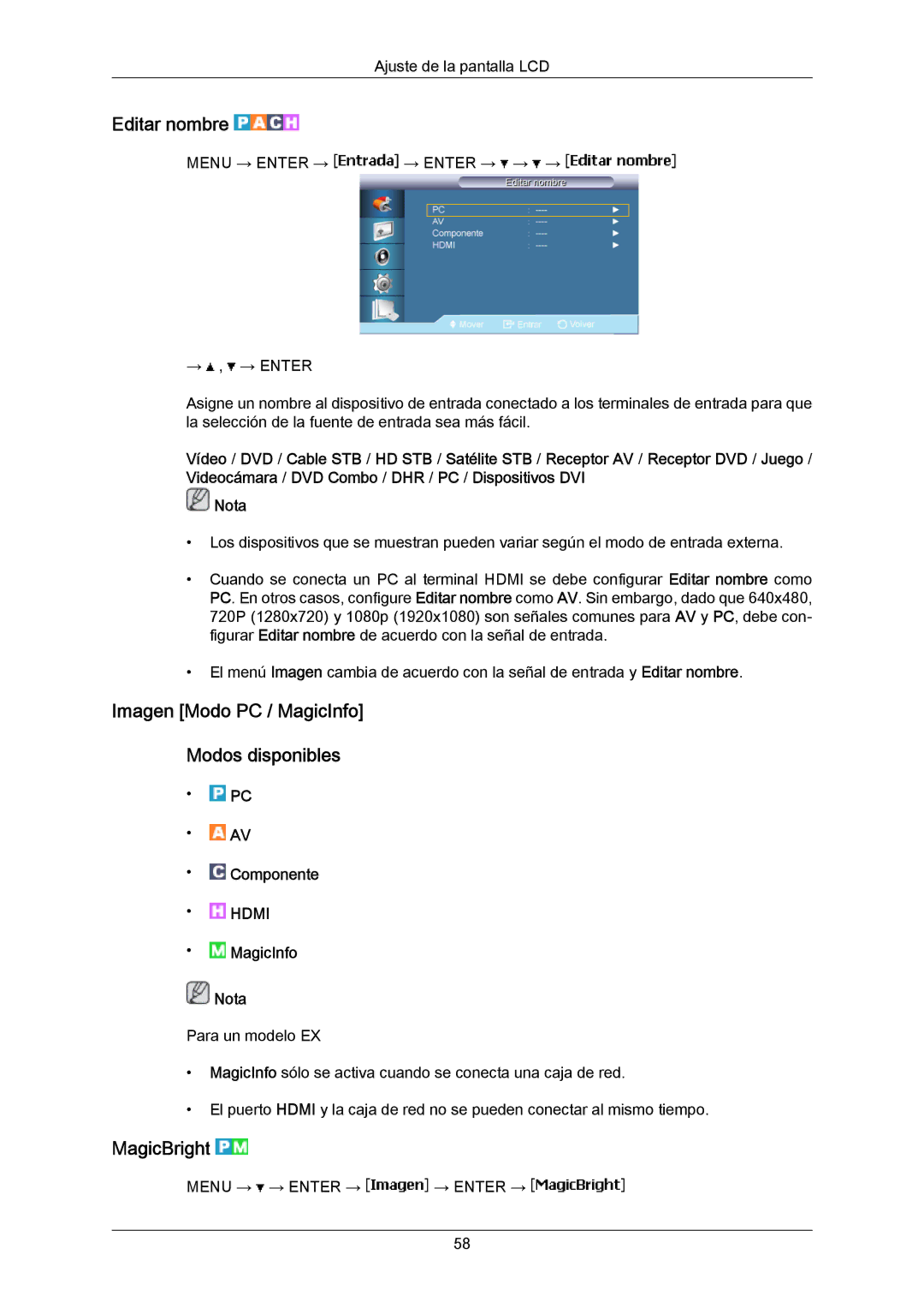 Samsung LH46LBTLBC/ZA, LH40LBTLBC/EN manual Editar nombre, Imagen Modo PC / MagicInfo Modos disponibles, MagicBright 