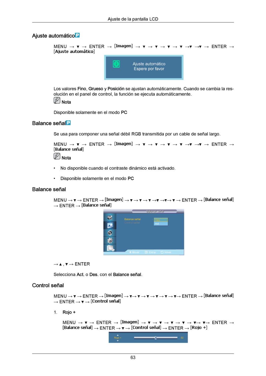 Samsung LH55LBPLBC/EN manual Ajuste automático, Control señal, Selecciona Act. o Des. con el Balance señal, Rojo + 