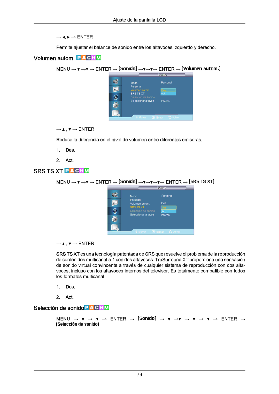 Samsung LH55LBPLBC/EN, LH40LBTLBC/EN, LH40LBPLBC/EN, LH55LBTLBC/EN, LH46LBTLBC/EN manual Volumen autom, Selección de sonido 