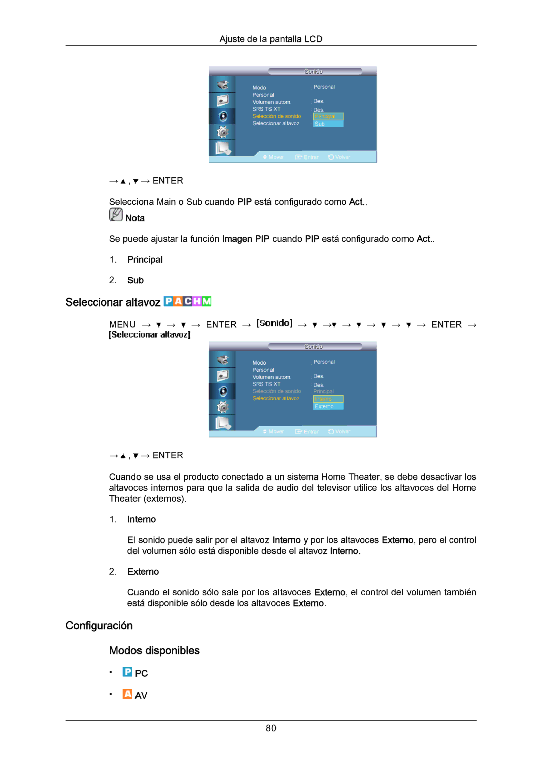 Samsung LH46LBTLBC/EN, LH40LBTLBC/EN Seleccionar altavoz, Configuración Modos disponibles, Principal Sub, Interno, Externo 