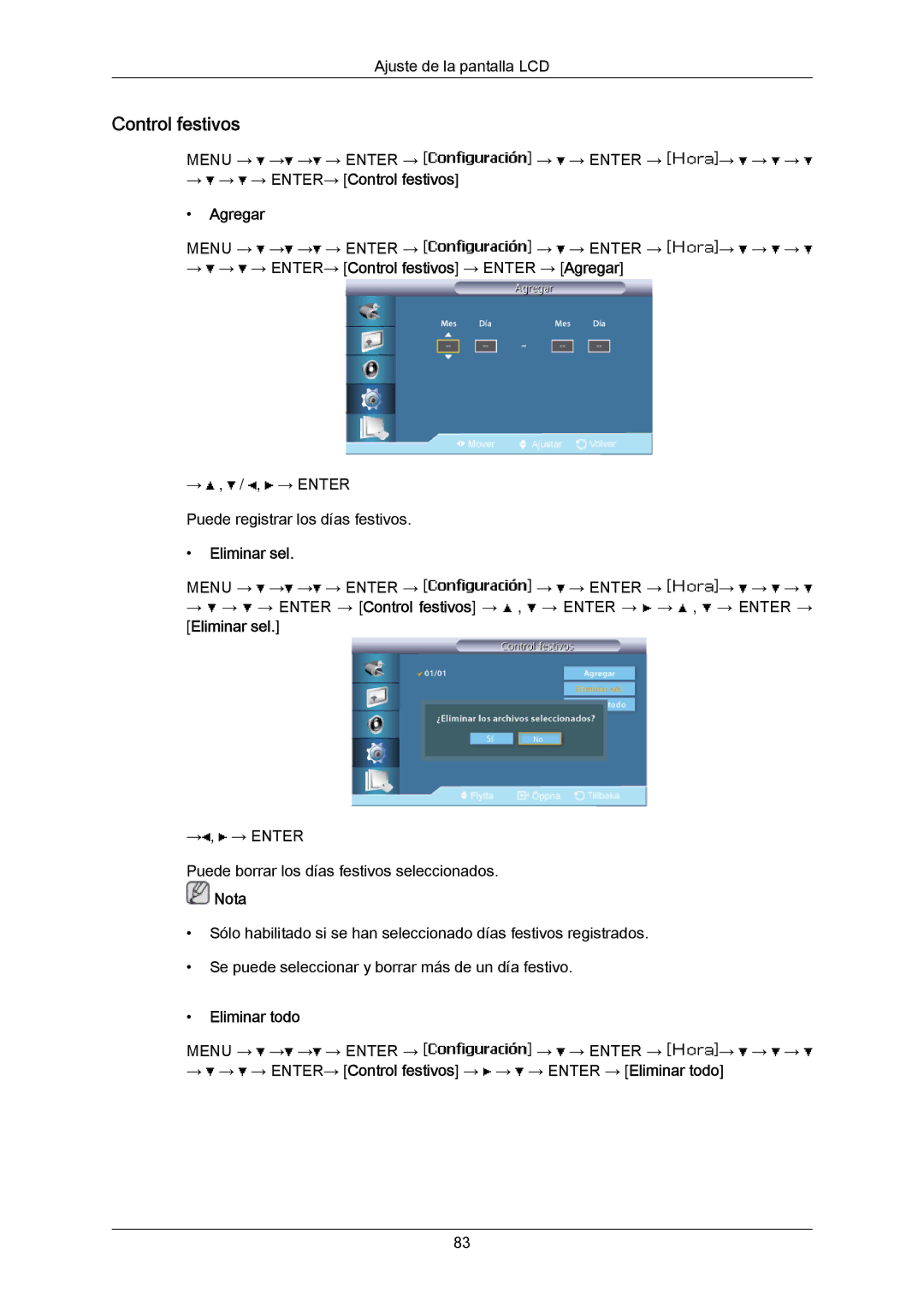 Samsung LH55LBTLBC/ZA, LH40LBTLBC/EN, LH40LBPLBC/EN, LH55LBTLBC/EN, LH55LBPLBC/EN, LH46LBTLBC/EN manual Control festivos 