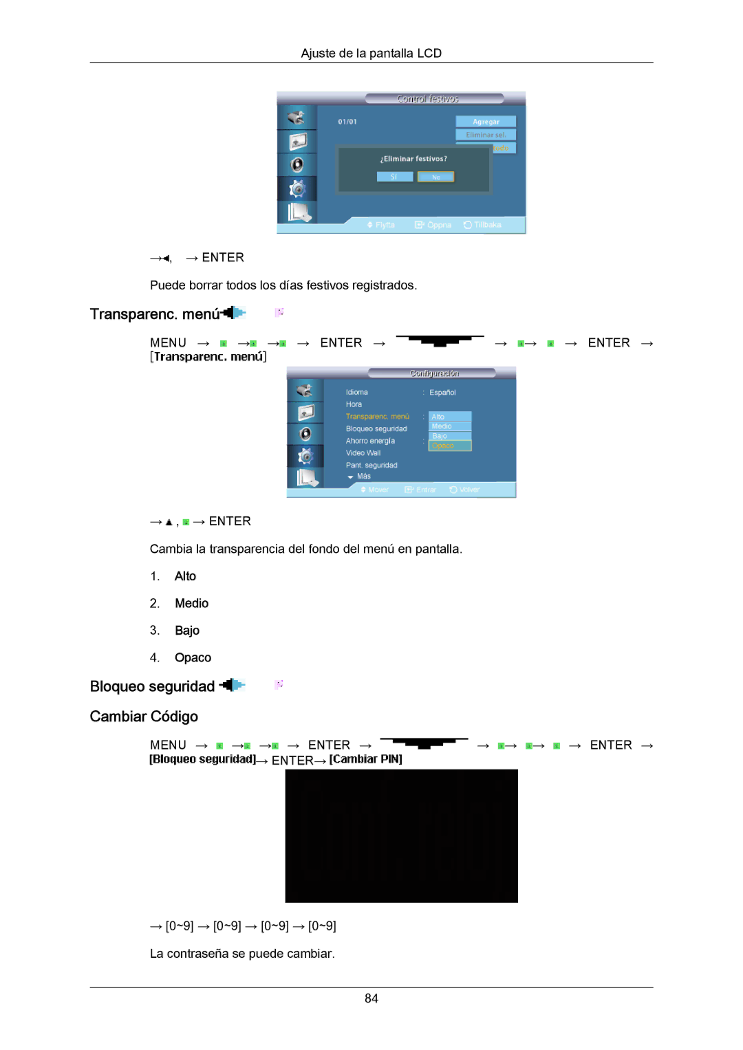 Samsung LH40LBTLBC/EN, LH40LBPLBC/EN, LH55LBTLBC/EN, LH55LBPLBC/EN manual Transparenc. menú, Bloqueo seguridad Cambiar Código 