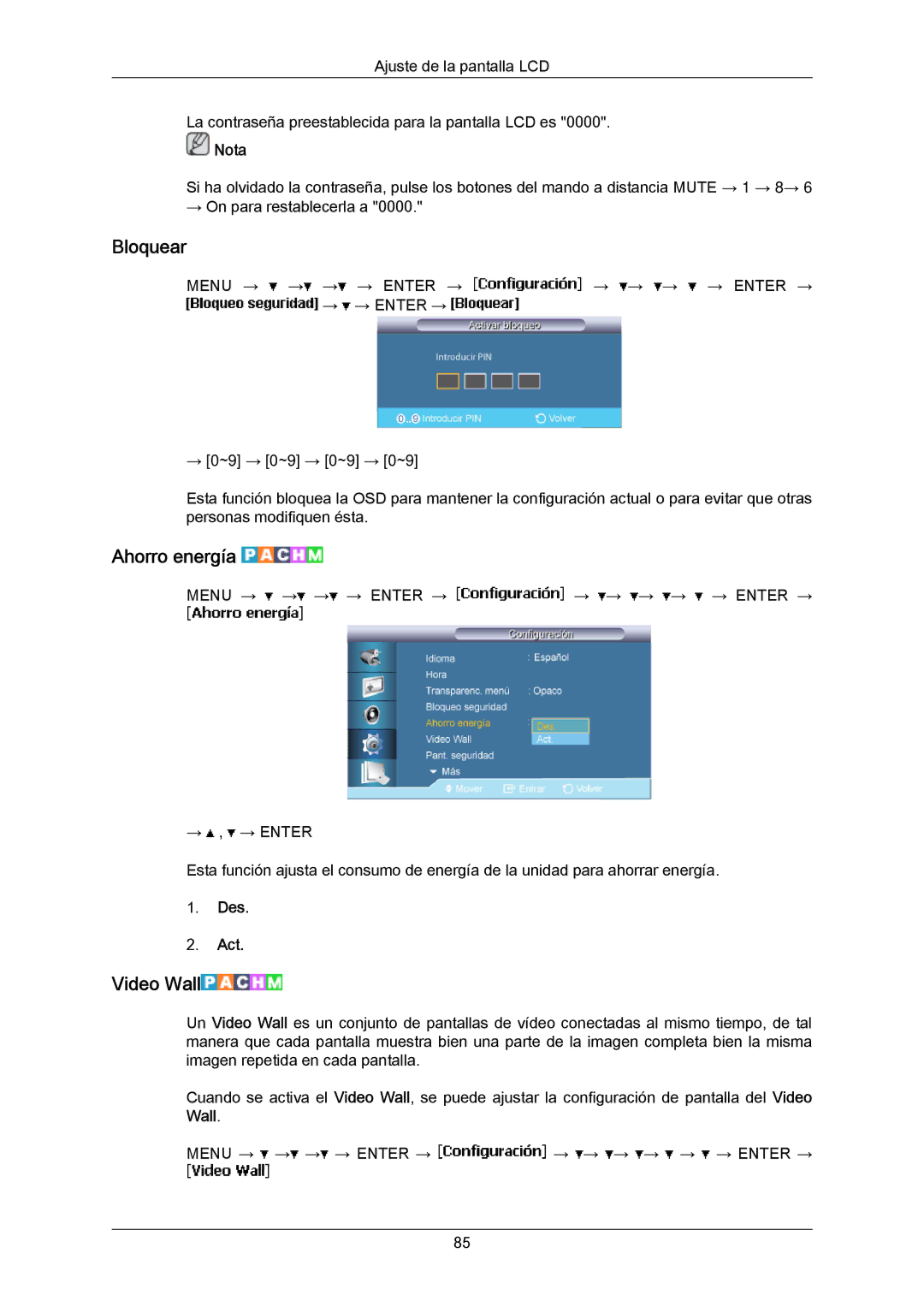 Samsung LH40LBPLBC/EN, LH40LBTLBC/EN, LH55LBTLBC/EN, LH55LBPLBC/EN, LH46LBTLBC/EN manual Bloquear, Ahorro energía, Video Wall 