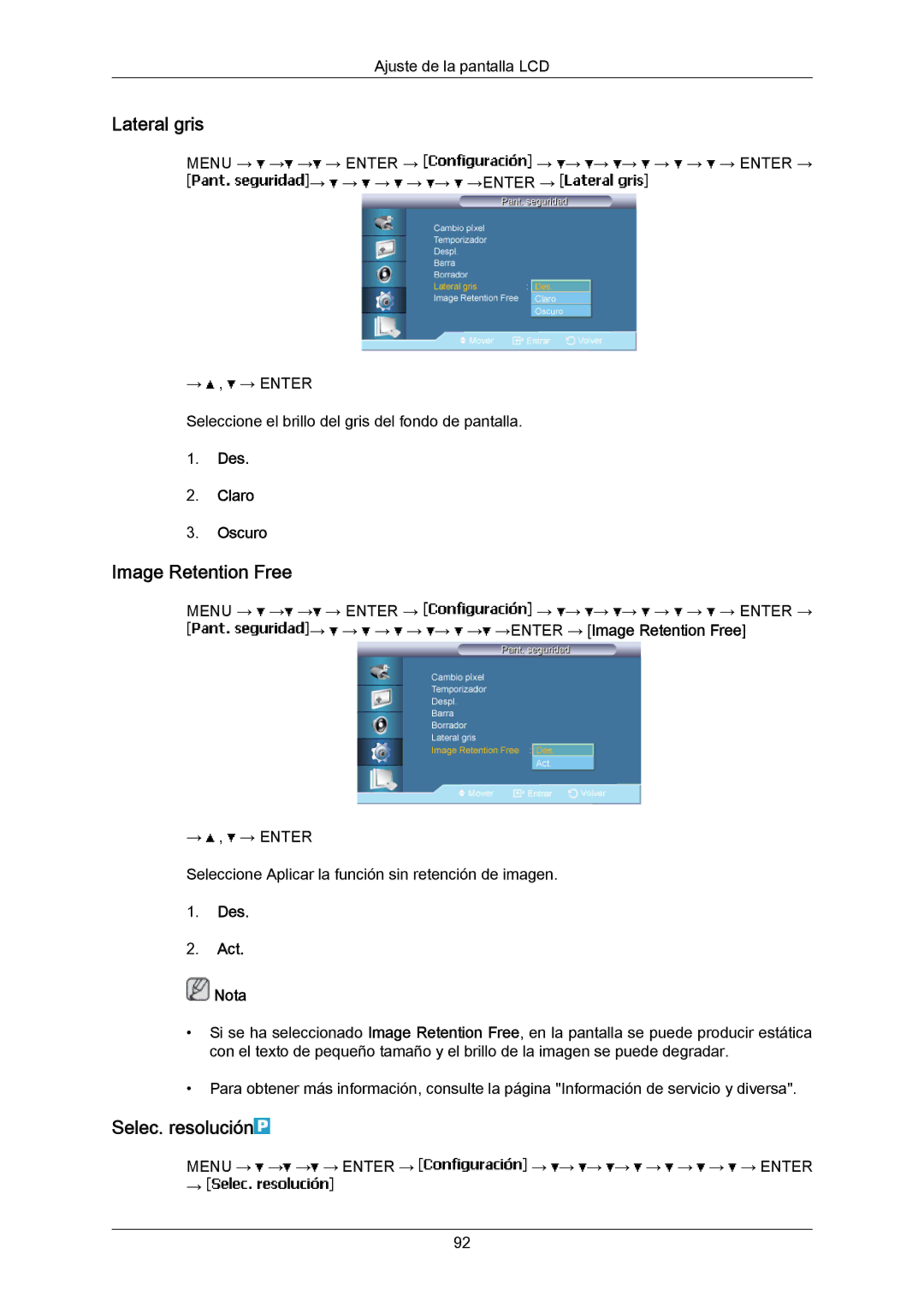 Samsung LH40LBTLBC/EN, LH40LBPLBC/EN, LH55LBTLBC/EN Lateral gris, Image Retention Free, Selec. resolución, Des Claro Oscuro 