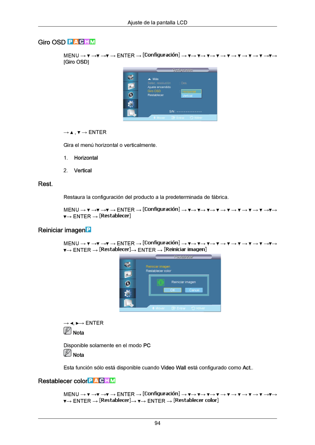 Samsung LH55LBTLBC/EN, LH40LBTLBC/EN, LH40LBPLBC/EN Giro OSD, Reiniciar imagen, Restablecer color, Horizontal Vertical 