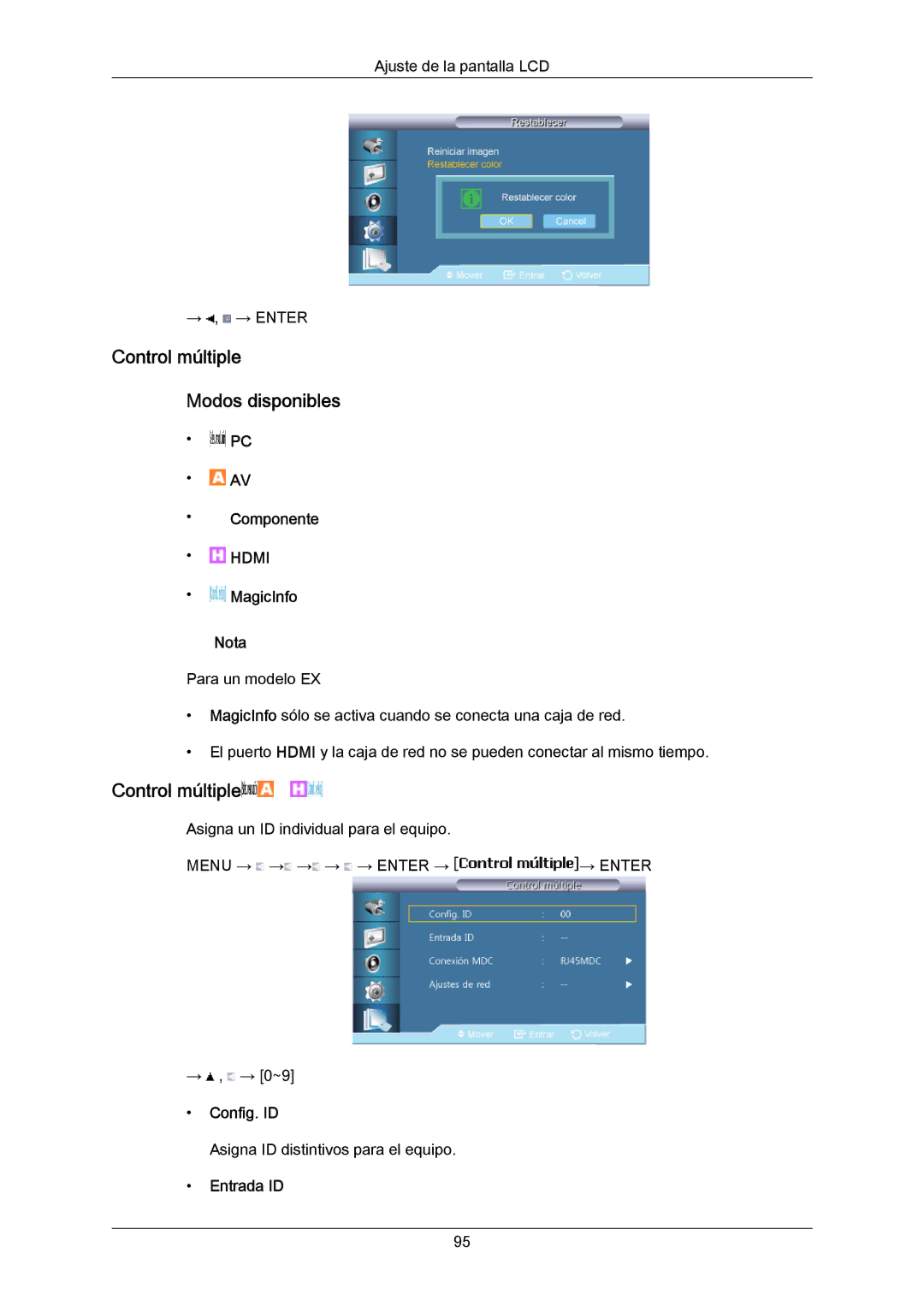 Samsung LH55LBPLBC/EN, LH40LBTLBC/EN, LH40LBPLBC/EN manual Control múltiple Modos disponibles, Config. ID, Entrada ID 