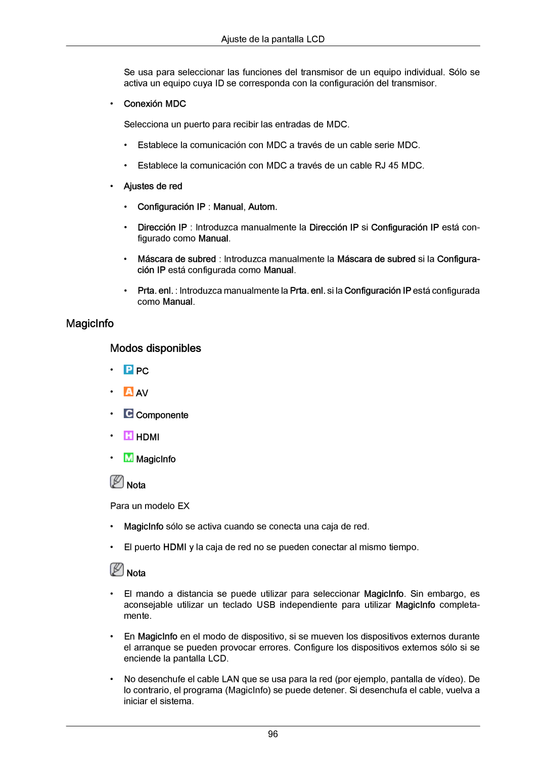 Samsung LH46LBTLBC/EN, LH40LBTLBC/EN, LH40LBPLBC/EN, LH55LBTLBC/EN, LH55LBPLBC/EN MagicInfo Modos disponibles, Conexión MDC 