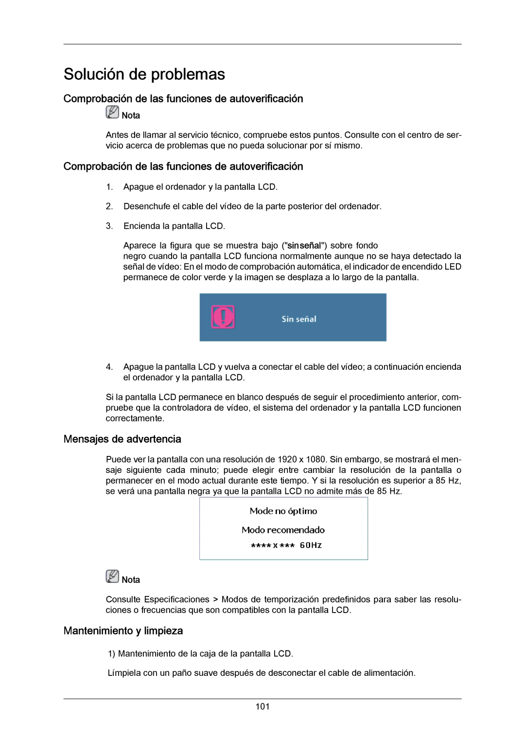 Samsung LH40LBPLBC/EN Comprobación de las funciones de autoverificación, Mensajes de advertencia, Mantenimiento y limpieza 