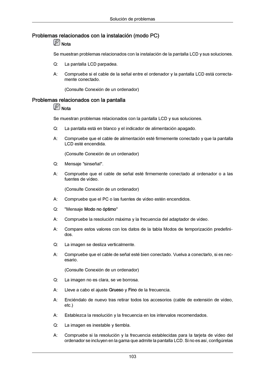 Samsung LH55LBPLBC/EN manual Problemas relacionados con la instalación modo PC, Problemas relacionados con la pantalla 