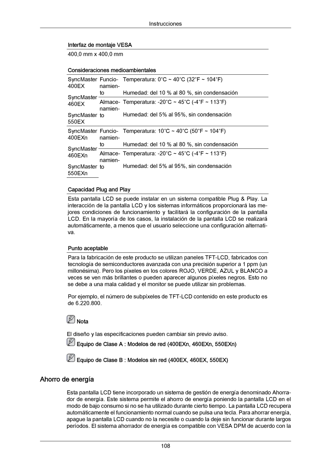 Samsung LH40LBTLBC/EN manual Ahorro de energía, Interfaz de montaje Vesa, Consideraciones medioambientales, Punto aceptable 