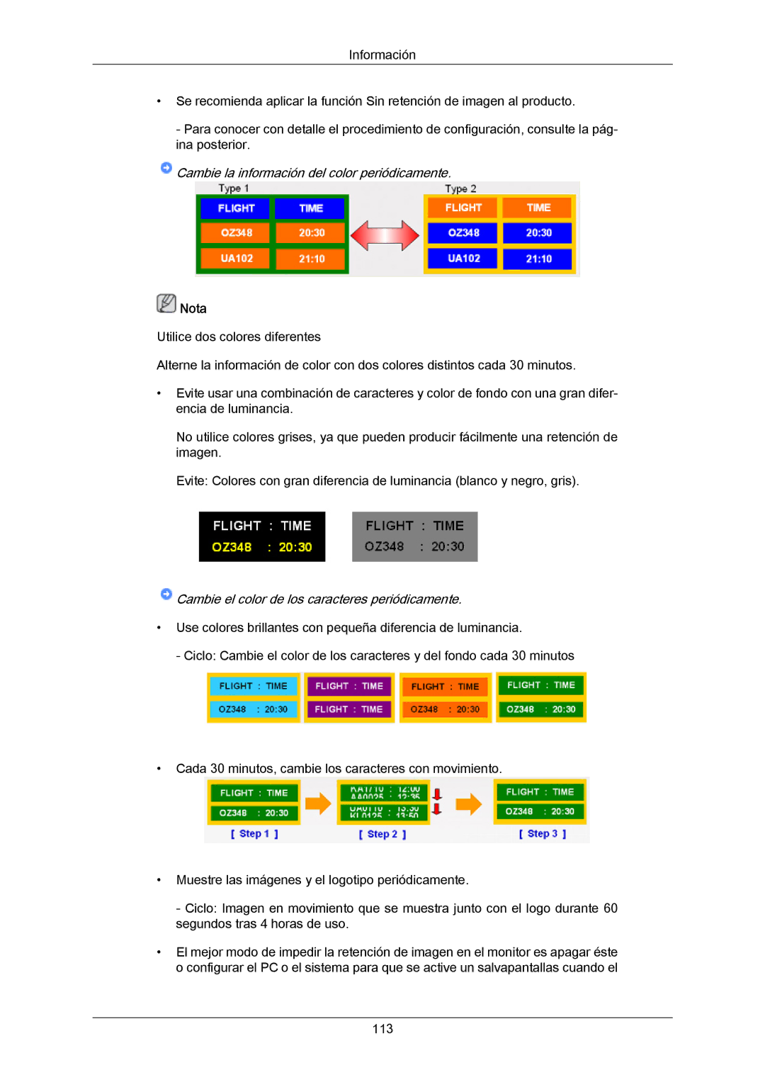 Samsung LH46LBPLBC/EN, LH40LBTLBC/EN, LH40LBPLBC/EN, LH55LBTLBC/EN manual Cambie la información del color periódicamente 