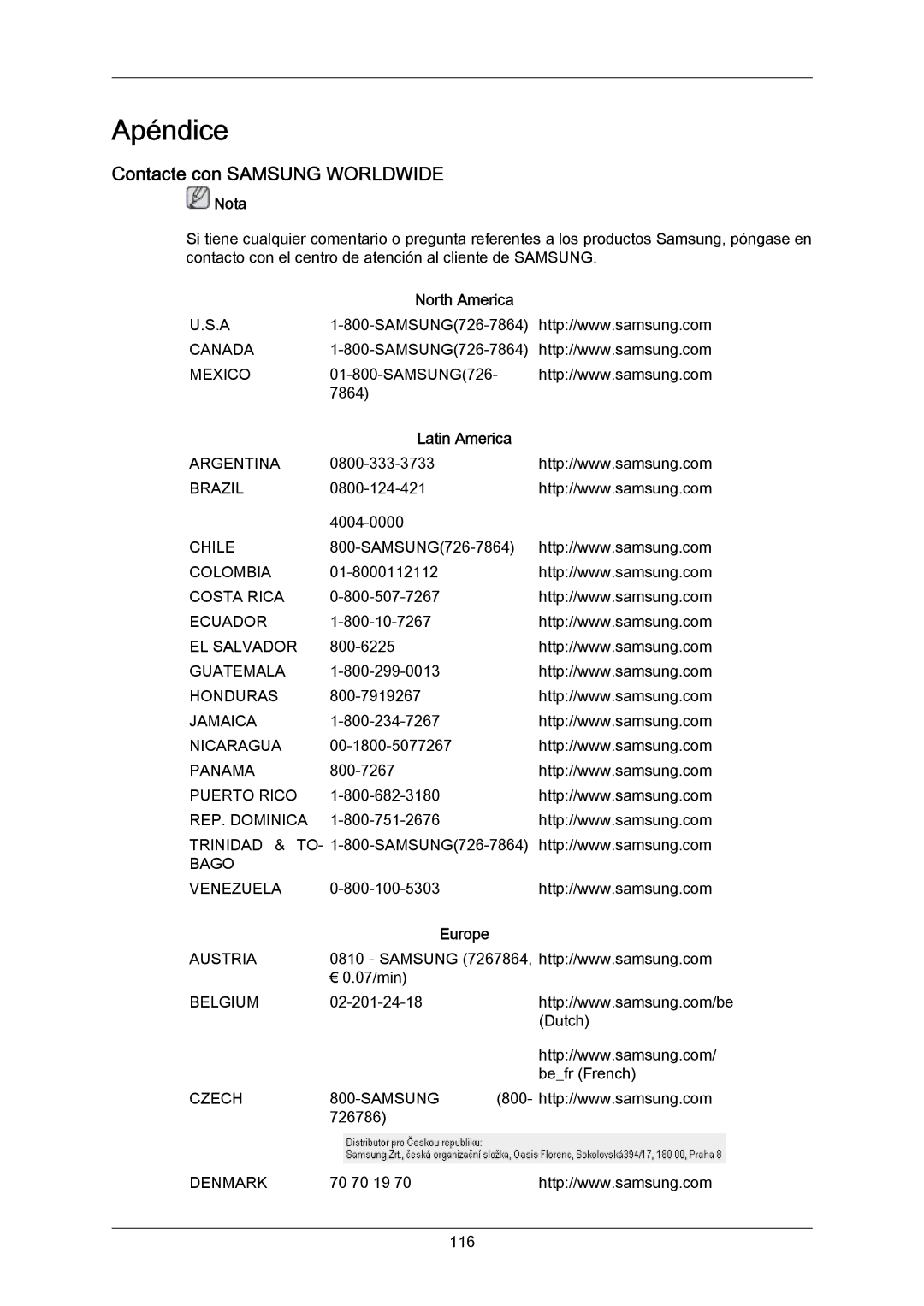 Samsung LH40LBTLBC/EN, LH40LBPLBC/EN, LH55LBTLBC/EN Contacte con Samsung Worldwide, North America, Latin America, Europe 