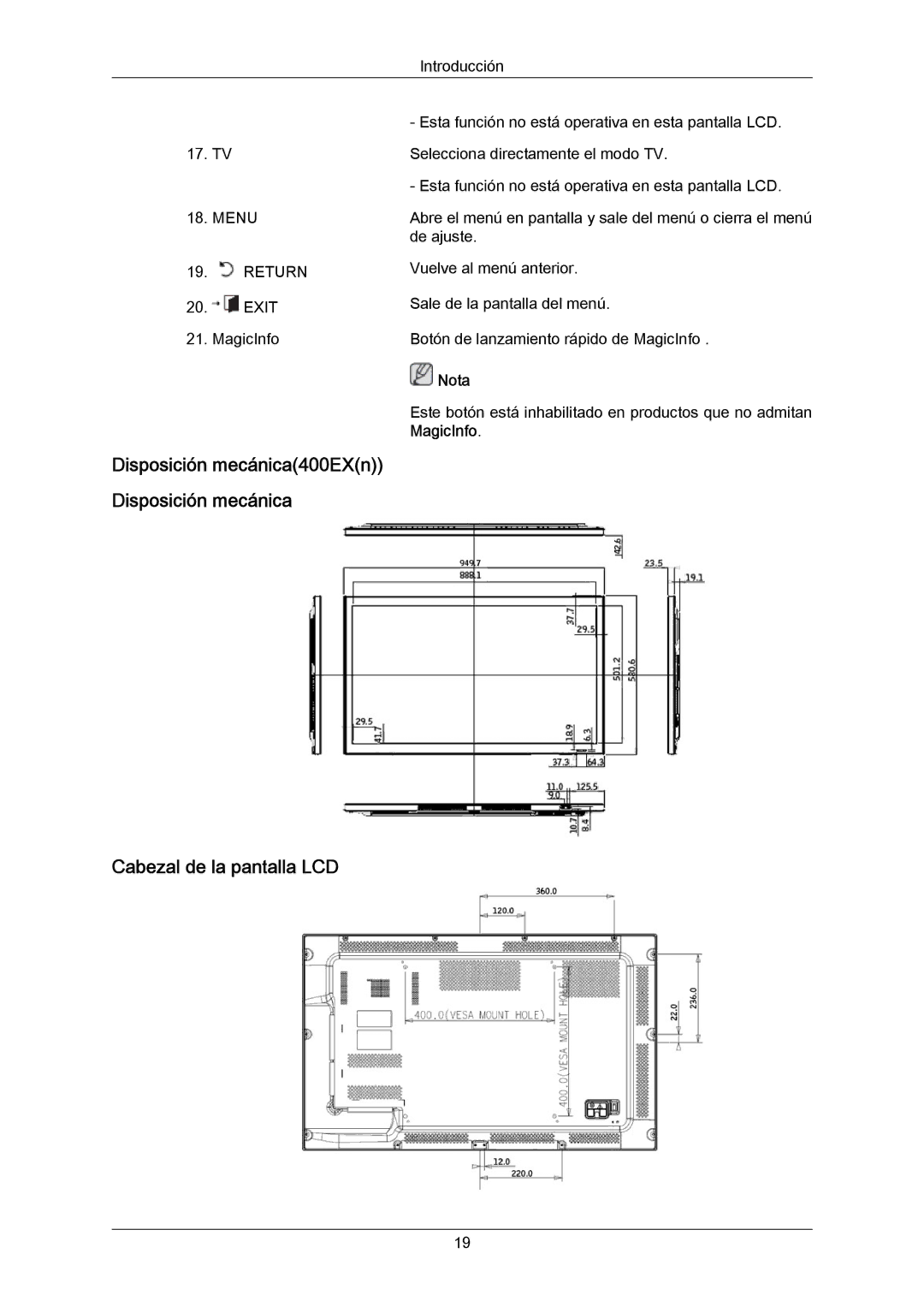 Samsung LH46LBTLBC/EN, LH40LBTLBC/EN manual Cabezal de la pantalla LCD, Disposición mecánica400EXn Disposición mecánica 