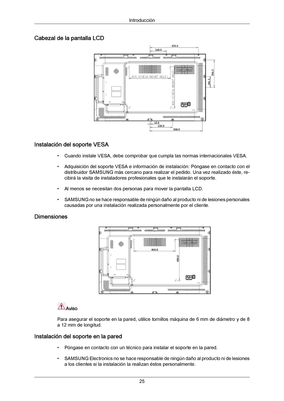 Samsung LH55LBTLBC/EN, LH40LBTLBC/EN, LH40LBPLBC/EN Cabezal de la pantalla LCD Instalación del soporte Vesa, Dimensiones 