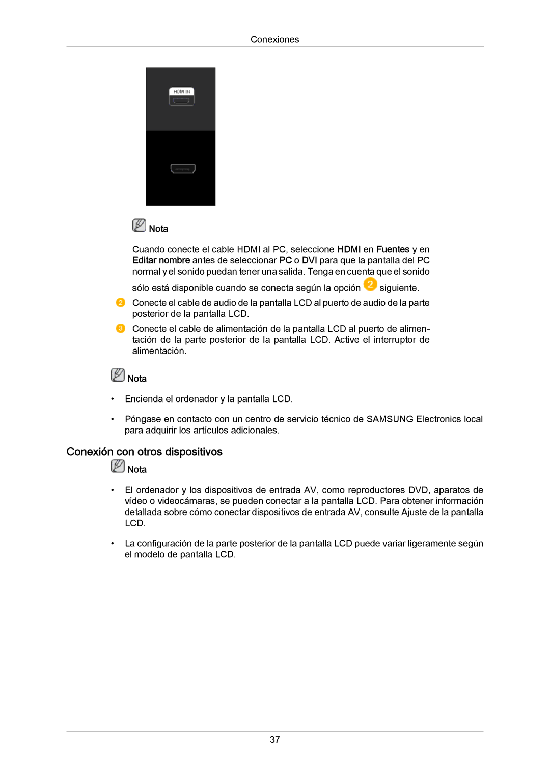 Samsung LH46LBTLBC/ZA, LH40LBTLBC/EN, LH40LBPLBC/EN, LH55LBTLBC/EN, LH55LBPLBC/EN manual Conexión con otros dispositivos, Nota 