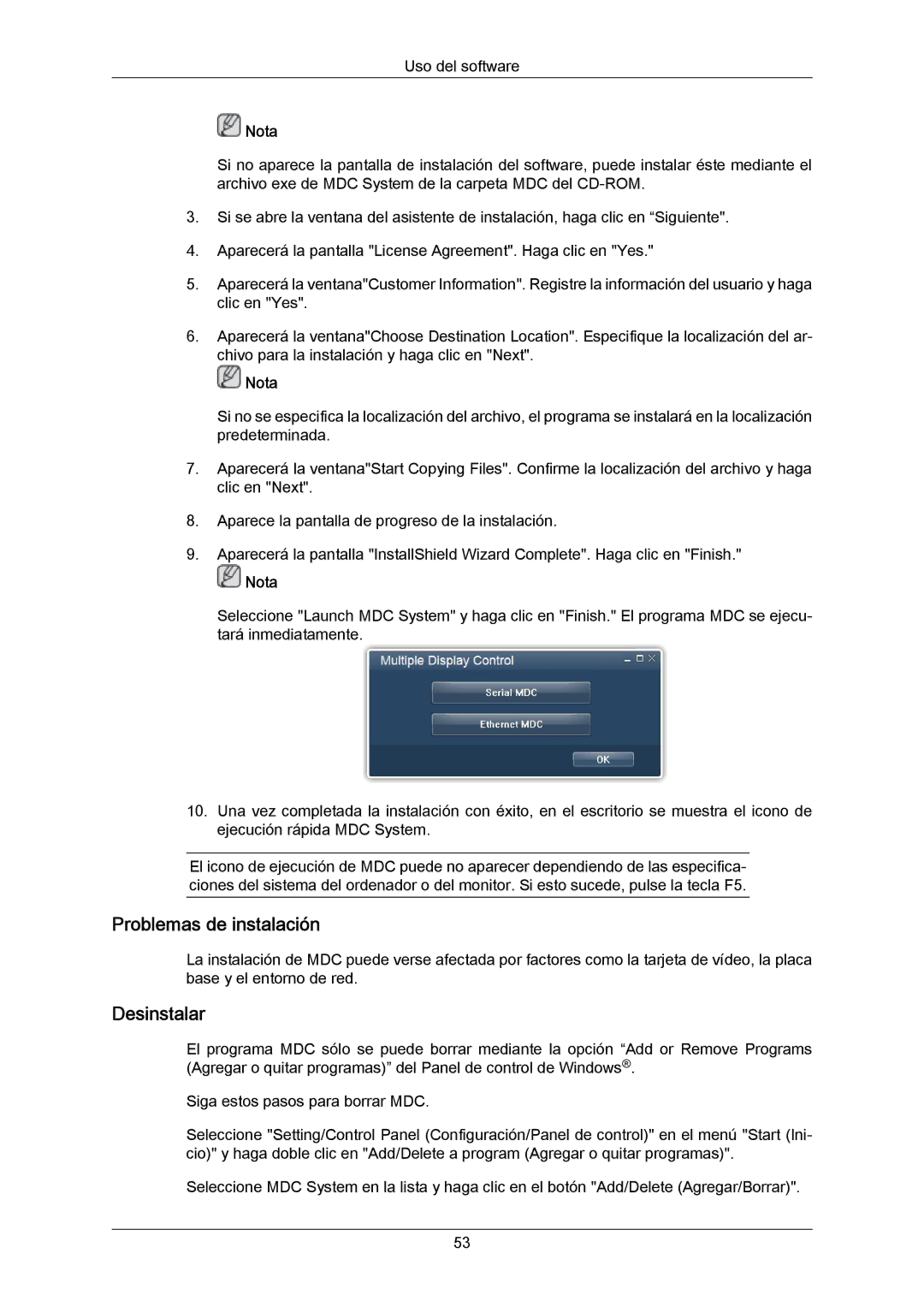 Samsung LH46LBTLBC/ZA, LH40LBTLBC/EN, LH40LBPLBC/EN, LH55LBTLBC/EN, LH55LBPLBC/EN manual Problemas de instalación, Desinstalar 