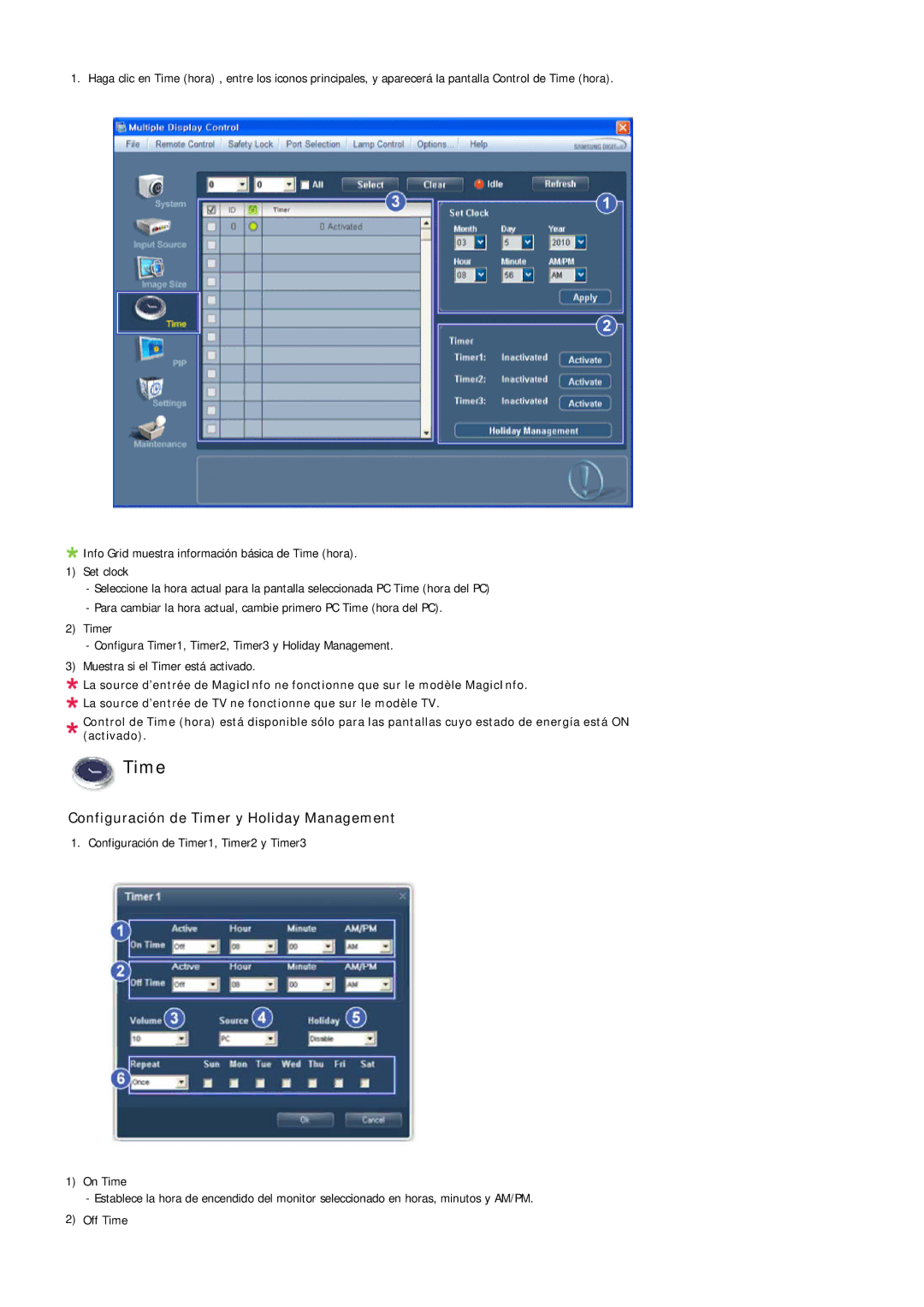 Samsung LH40LBTLBC/EN, LH40LBPLBC/EN, LH55LBTLBC/EN, LH55LBPLBC/EN, LH46LBTLBC/EN Configuración de Timer y Holiday Management 